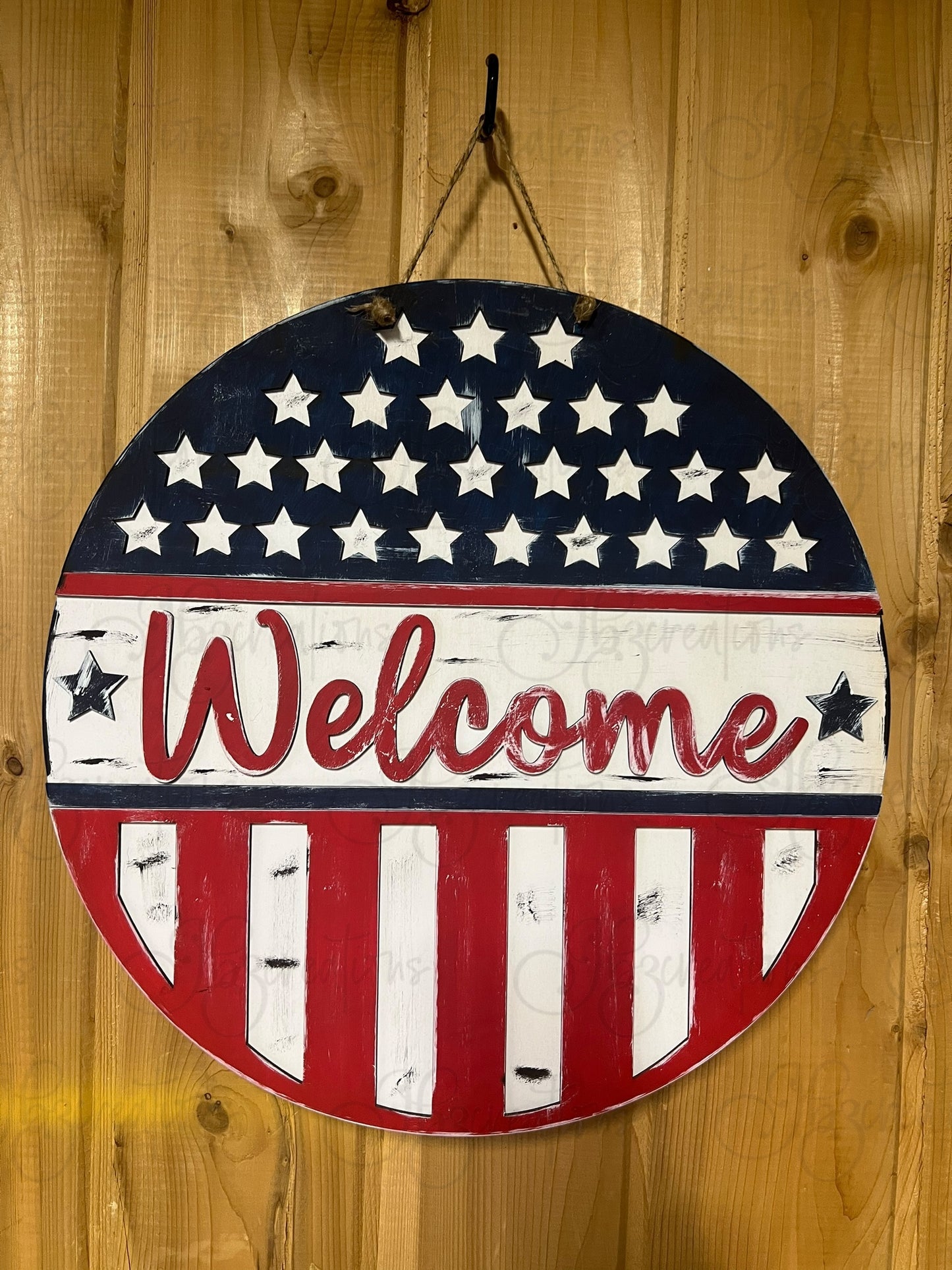 USA Flag Welcome Round Sign Welcome Stars and Strips Welcome USA Flag Round Sign DIY Door Hanger Do It Yourself, Create It Yourself