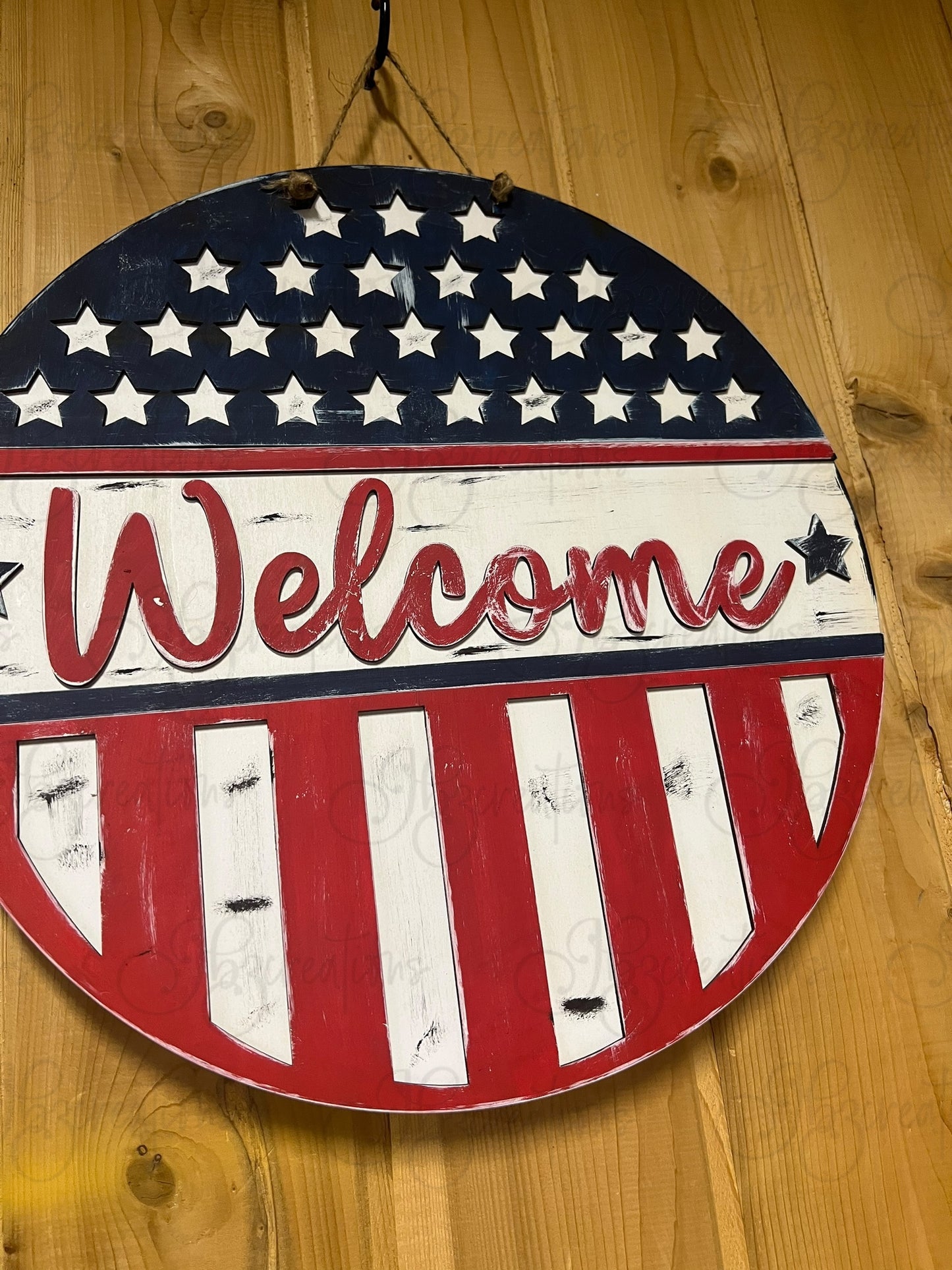 USA Flag Welcome Round Sign Welcome Stars and Strips Welcome USA Flag Round Sign DIY Door Hanger Do It Yourself, Create It Yourself