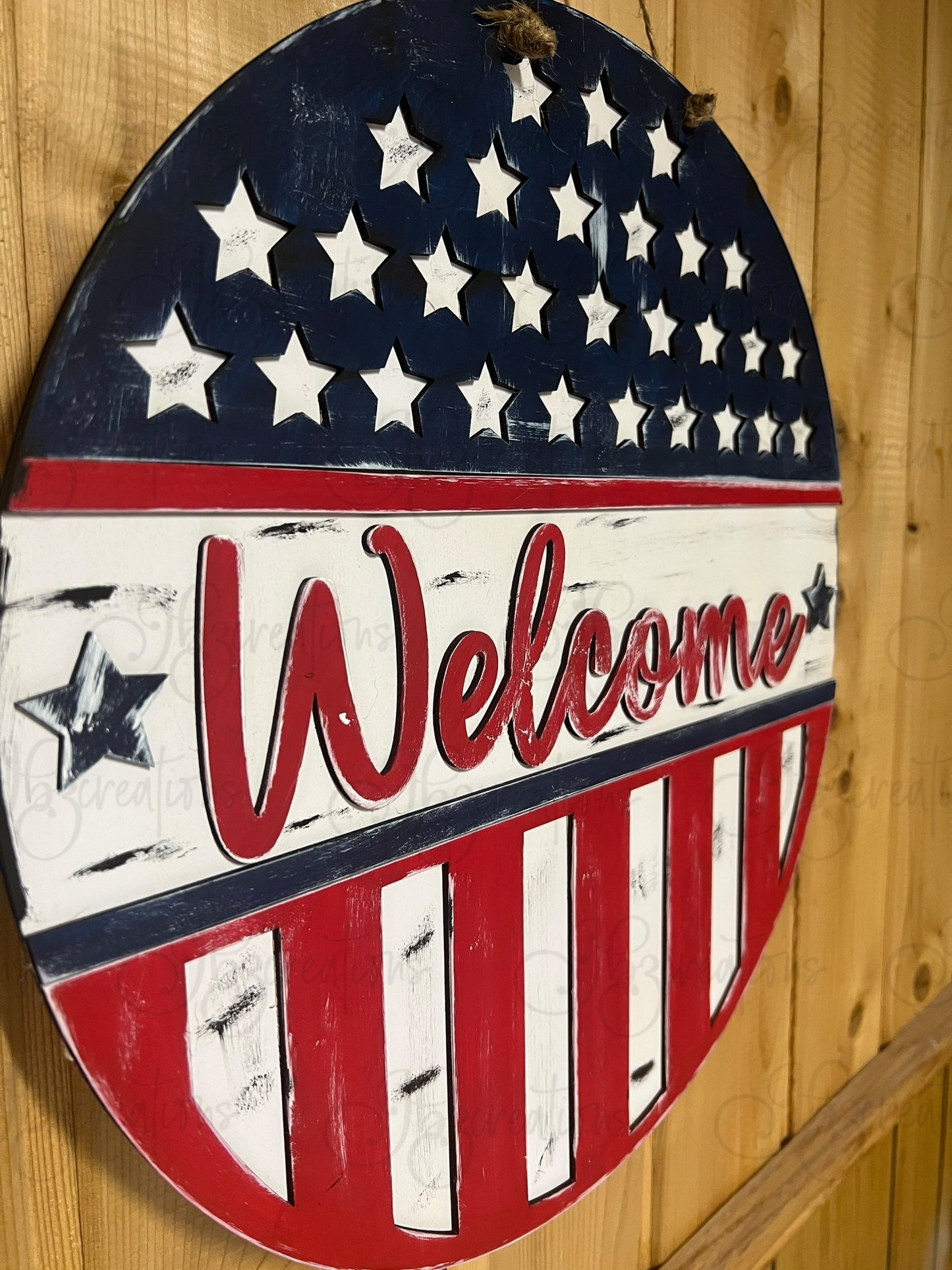 USA Flag Welcome Round Sign Welcome Stars and Strips Welcome USA Flag Round Sign DIY Door Hanger Do It Yourself, Create It Yourself