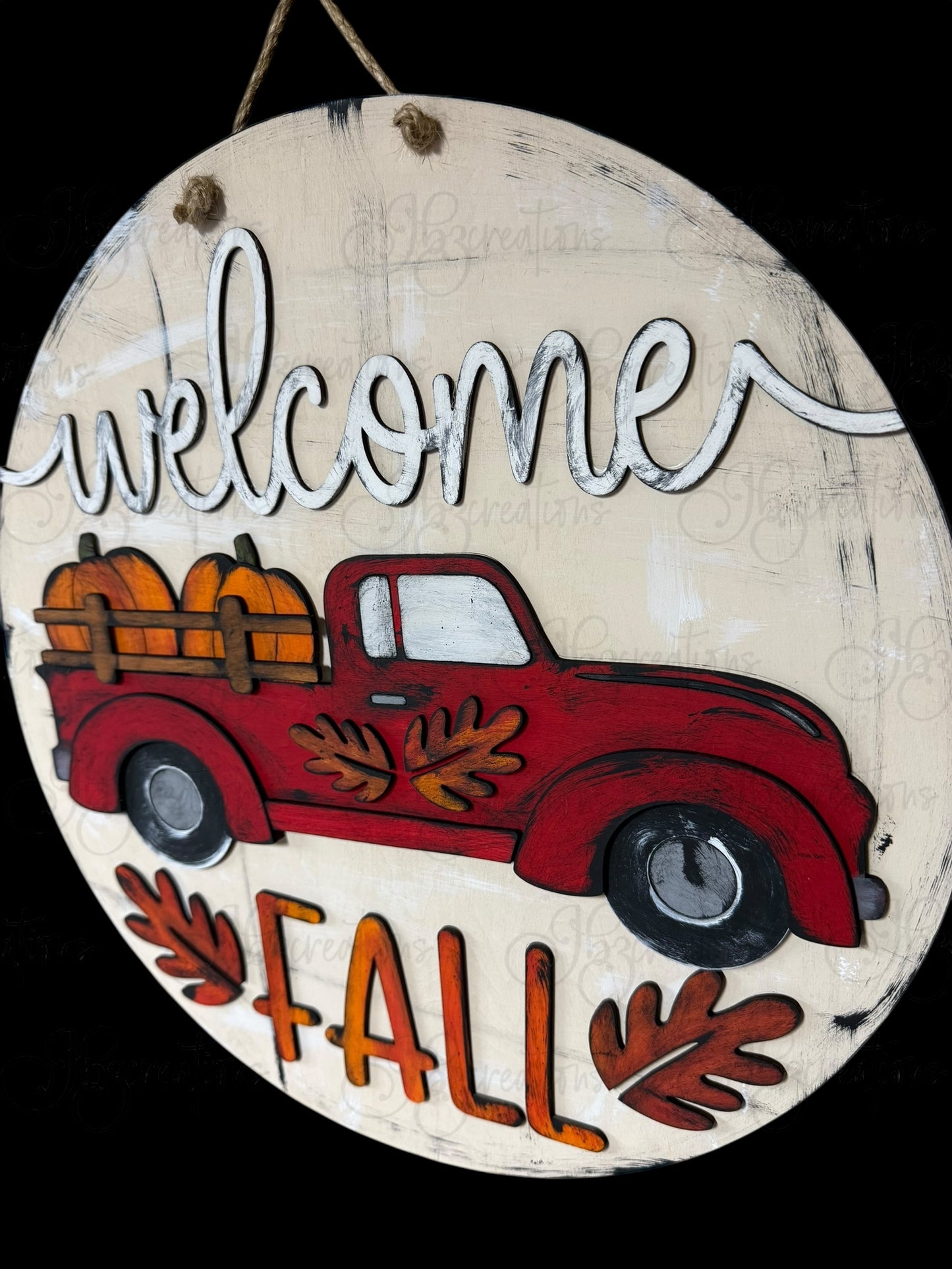 Welcome Fall Retro Truck load of Pumpkins Round Door Hanger Welcome Sign