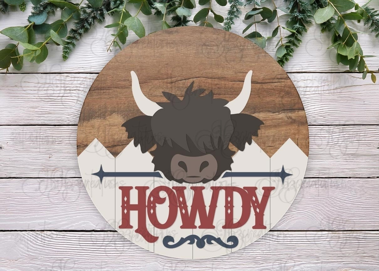Howdy Cow Round Sign DIY Door Hanger Do It Yourself, Create It Yourself
