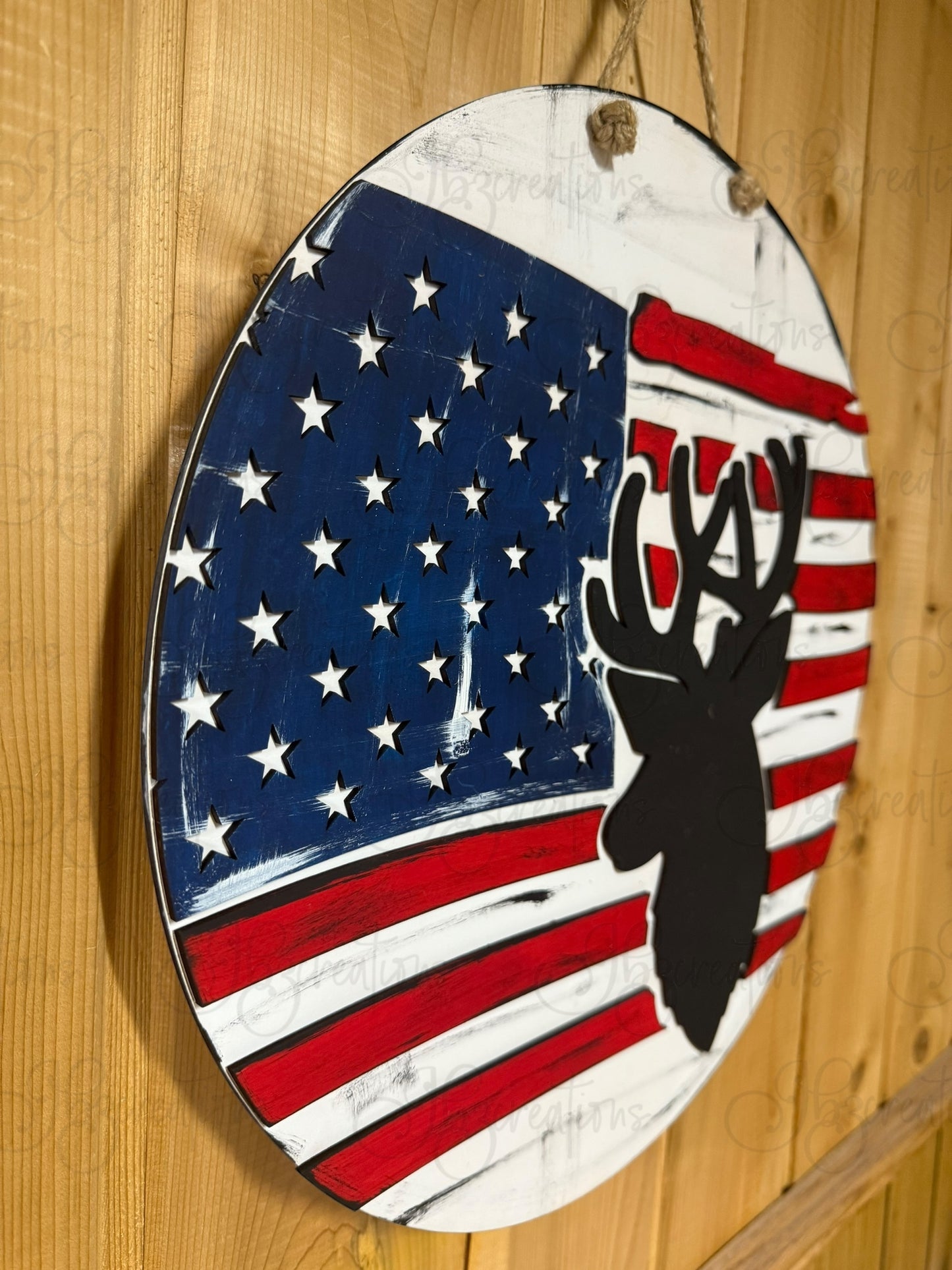 Deer USA Flag Welcome Round Sign Deer Head Flag Door Sign