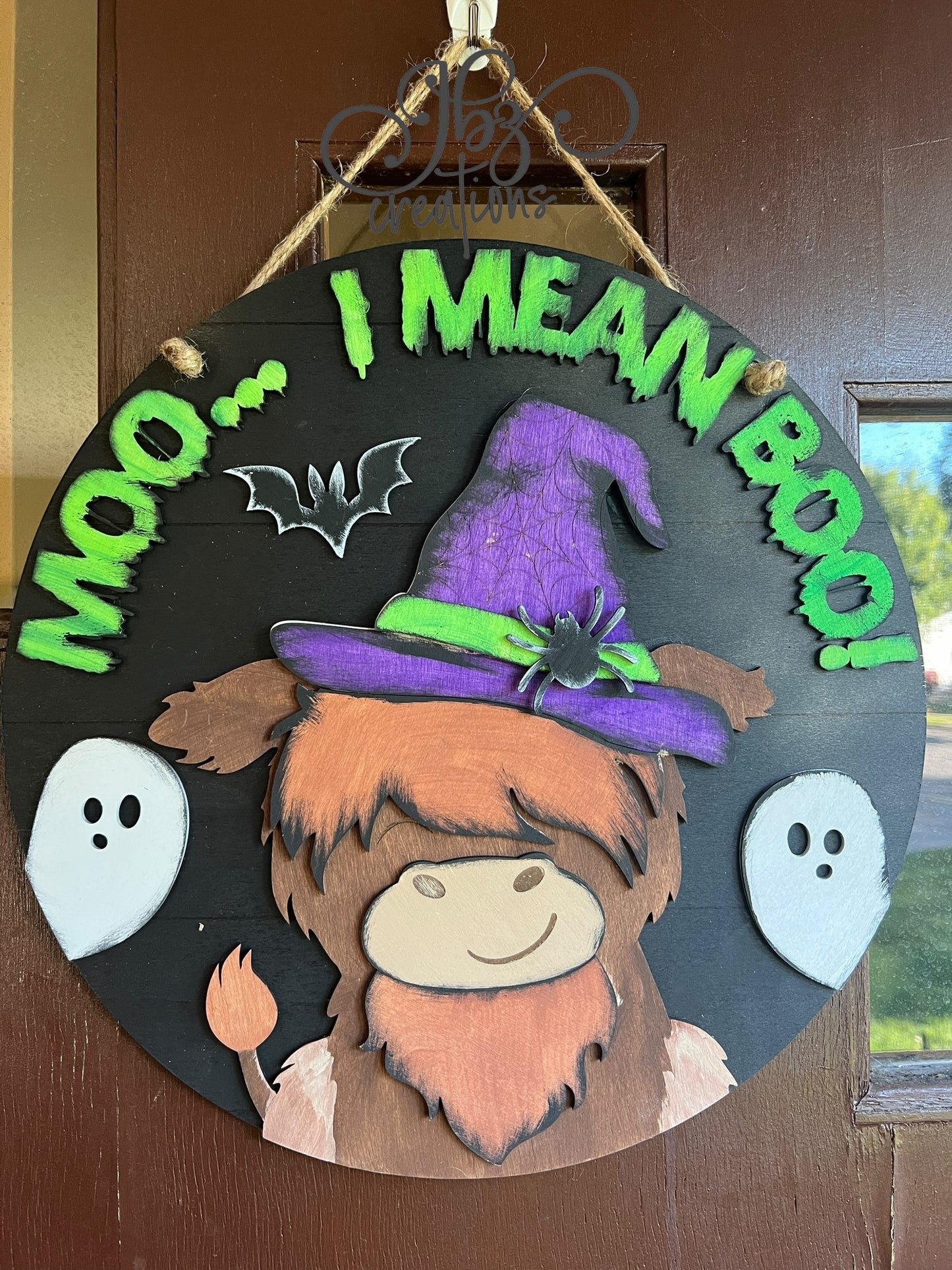 Moo...I Mean Boo! Highland Cow Halloween Round Door Hanger Welcome Sign