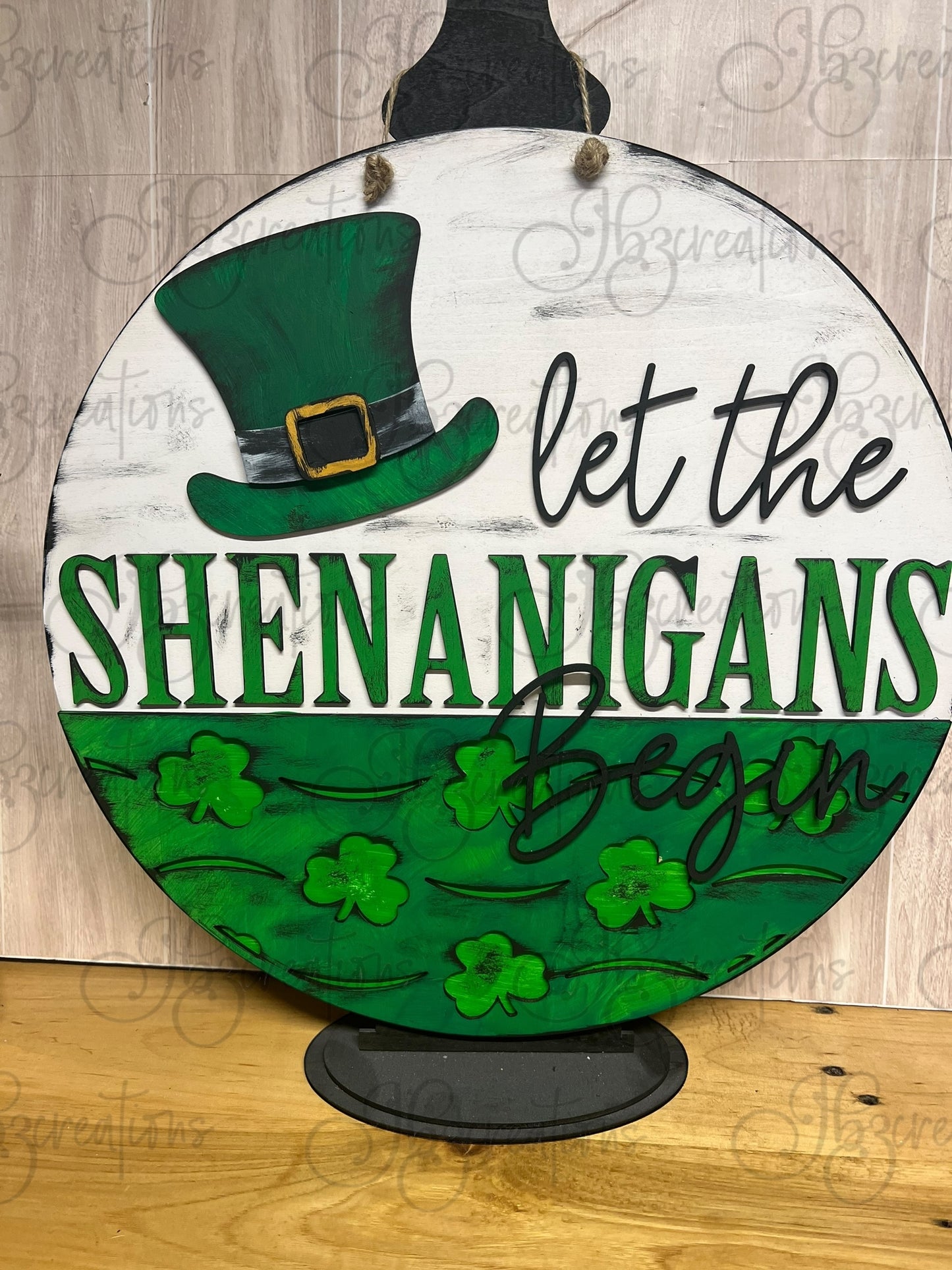 St. Patrick's Day Round Sign Let the Shenanigans Begin Shamrocks & Leprechaun Hat Round Sign St Patty’s Day Decor