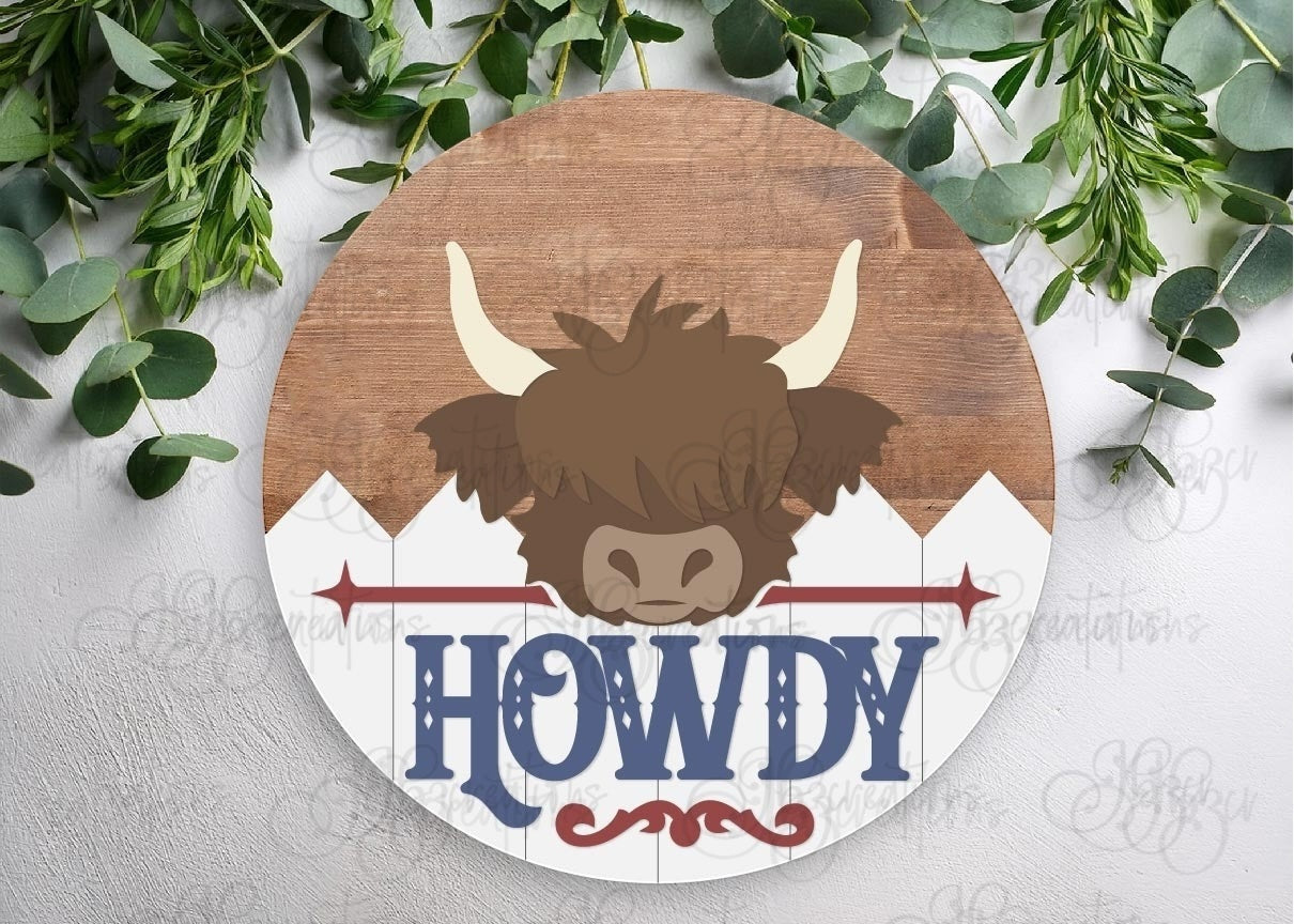 Howdy Cow Round Sign DIY Door Hanger Do It Yourself, Create It Yourself