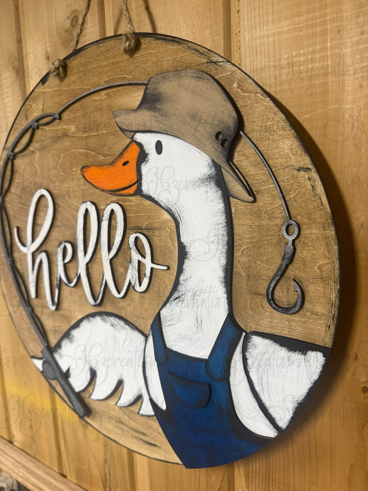 Goose Fisherman Hello Welcome Door Hanger Door Welcome Round Sign