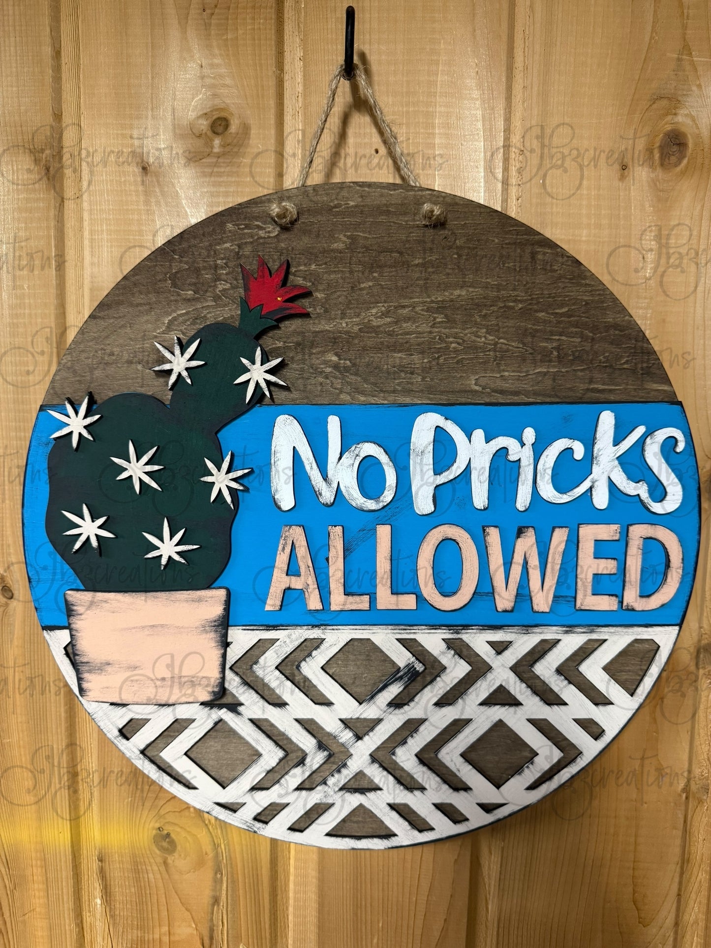 Potted Plant Cactus Round Sign No Pricks Allowed Round Door Sign Plant Welcome Sign