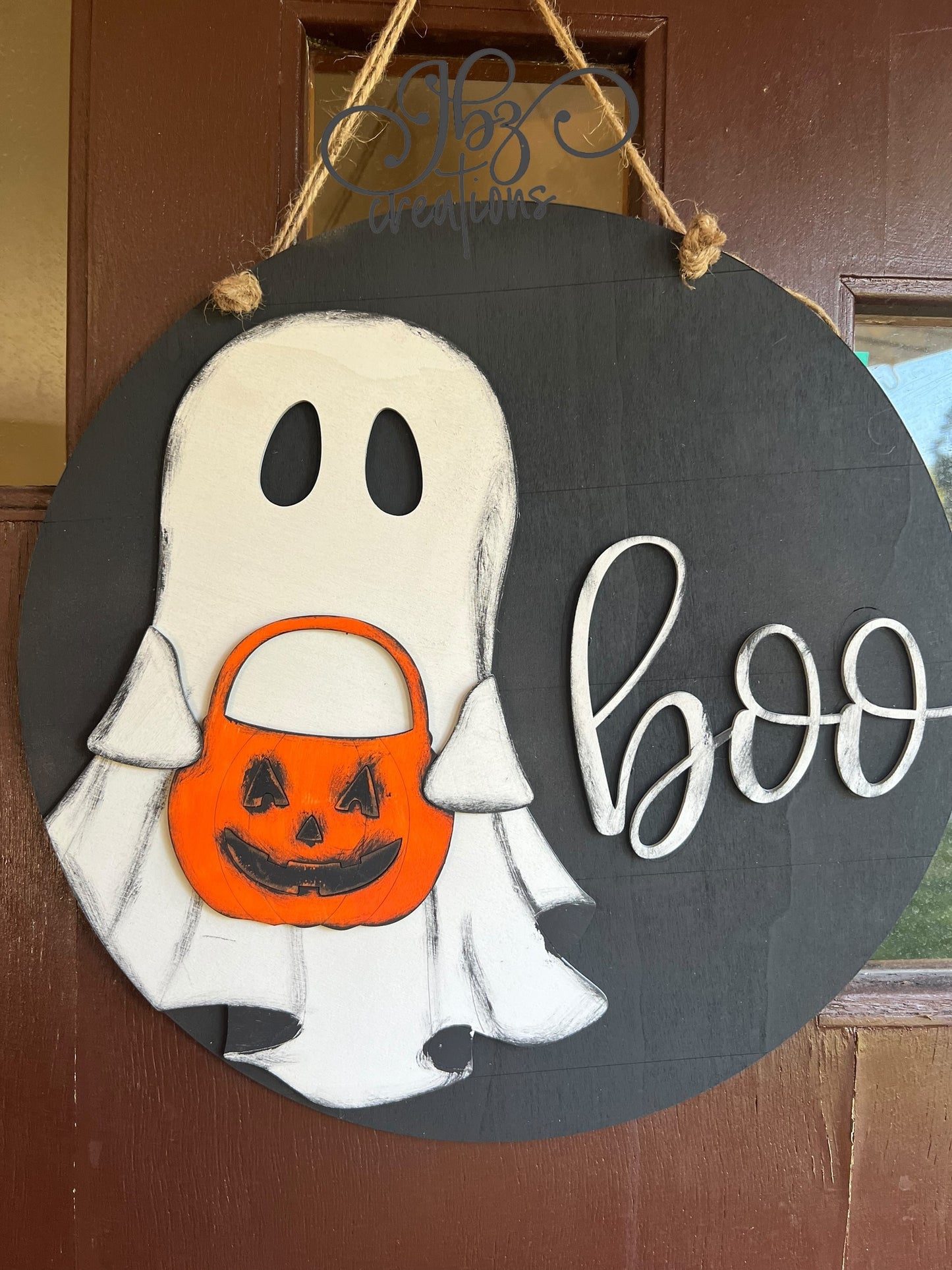 Boo! Ghost and Jack-O-Lantern Halloween Round Door Hanger Welcome Sign