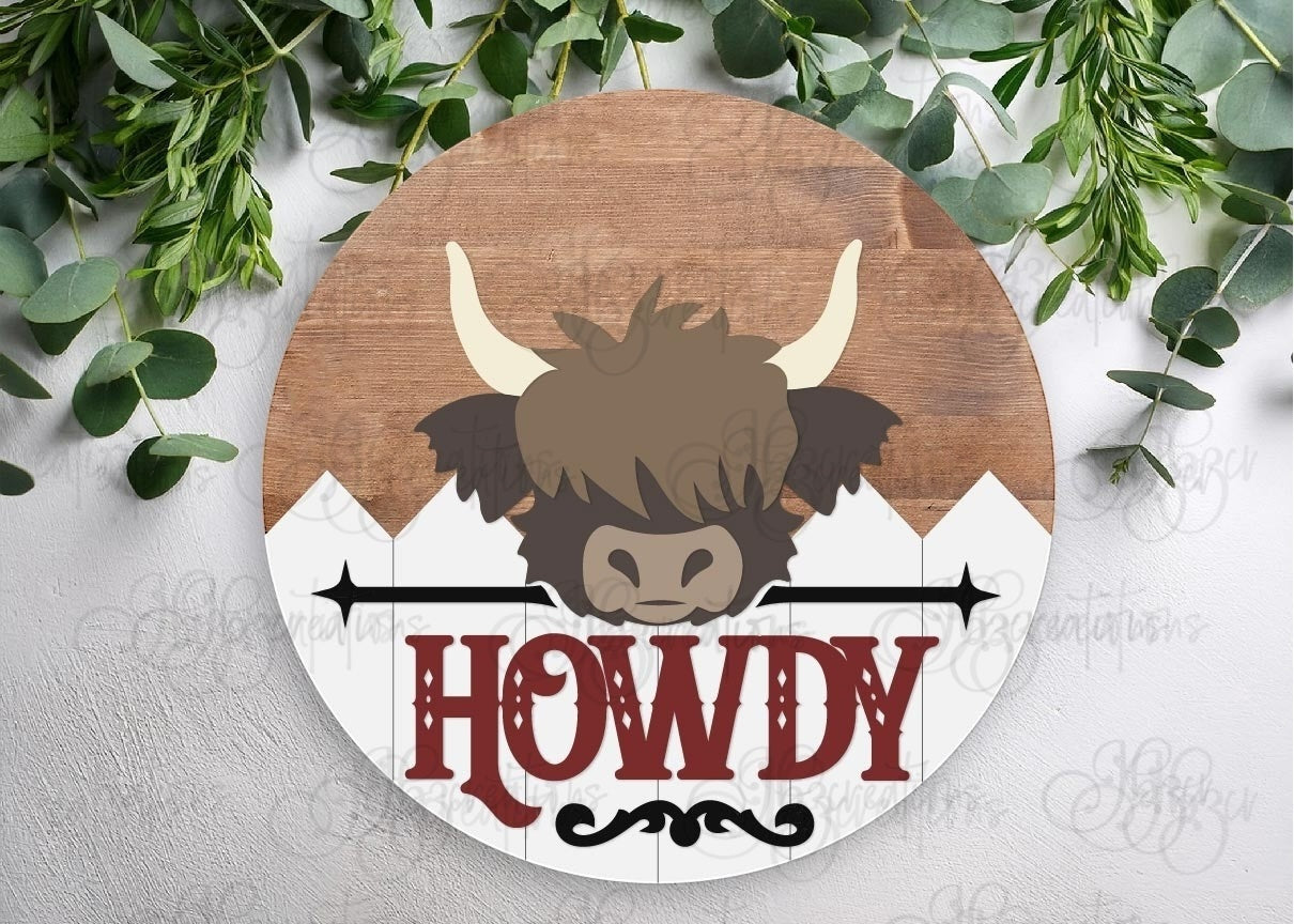 Howdy Cow Round Sign DIY Door Hanger Do It Yourself, Create It Yourself