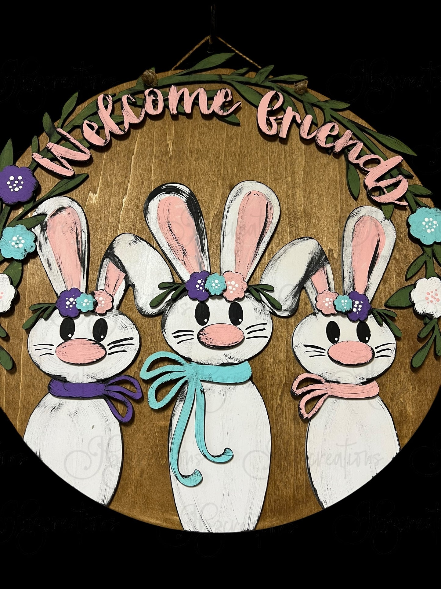 Hello Friends Bunny Welcome Door Hanger Easter Door Hanger Round Sign Hello Friends Door Hanger Easter Bunny Welcome Door Sign