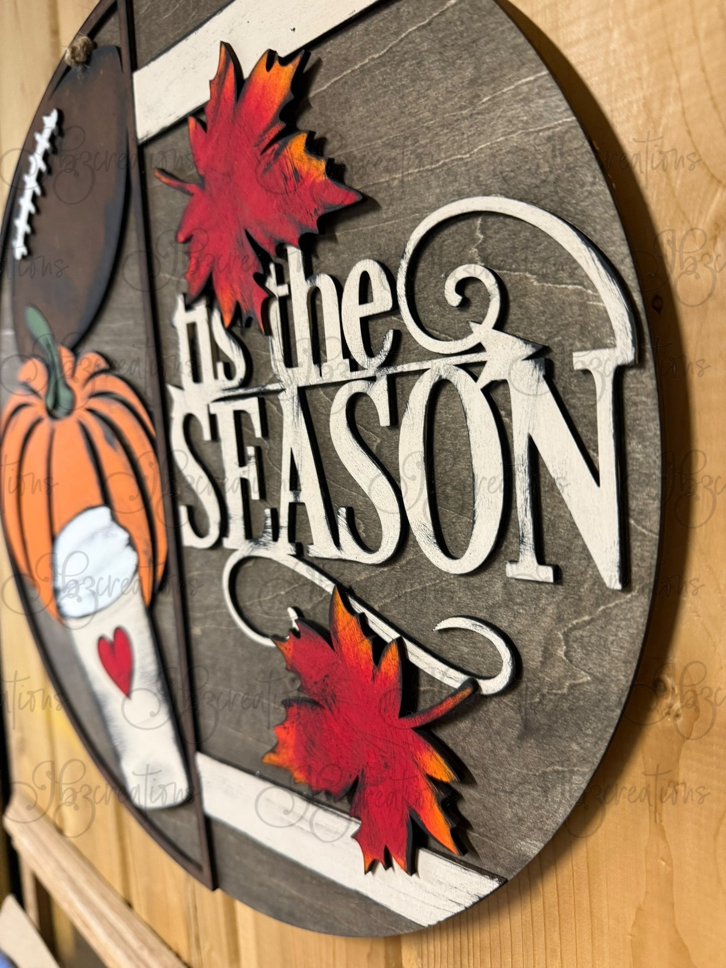 Autumn Tis the Season Football, Pumpkin and Latte Cup with a Heart Round Door Hanger Welcome Sign