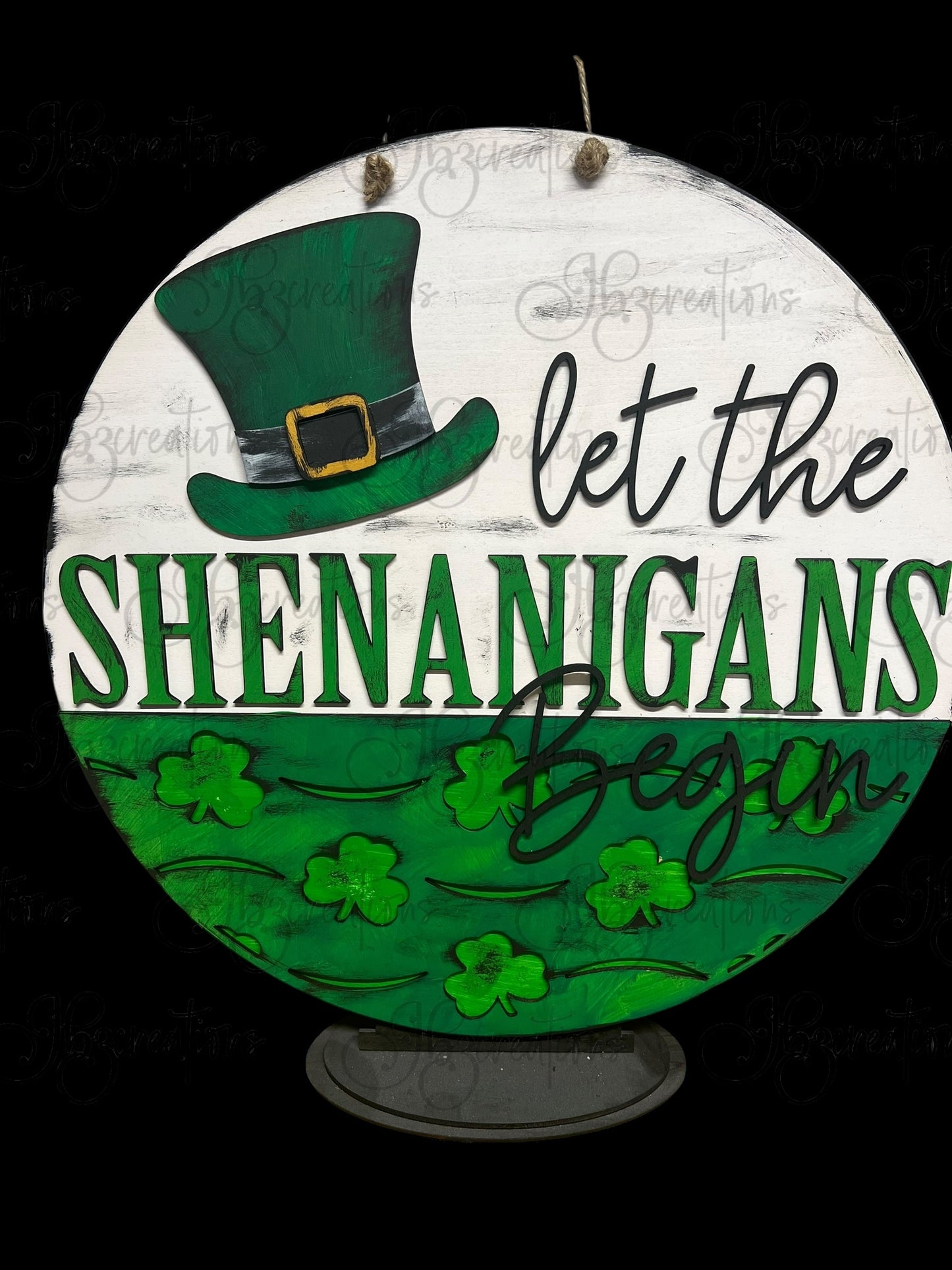 St. Patrick's Day Round Sign Let the Shenanigans Begin Shamrocks & Leprechaun Hat Round Sign St Patty’s Day Decor