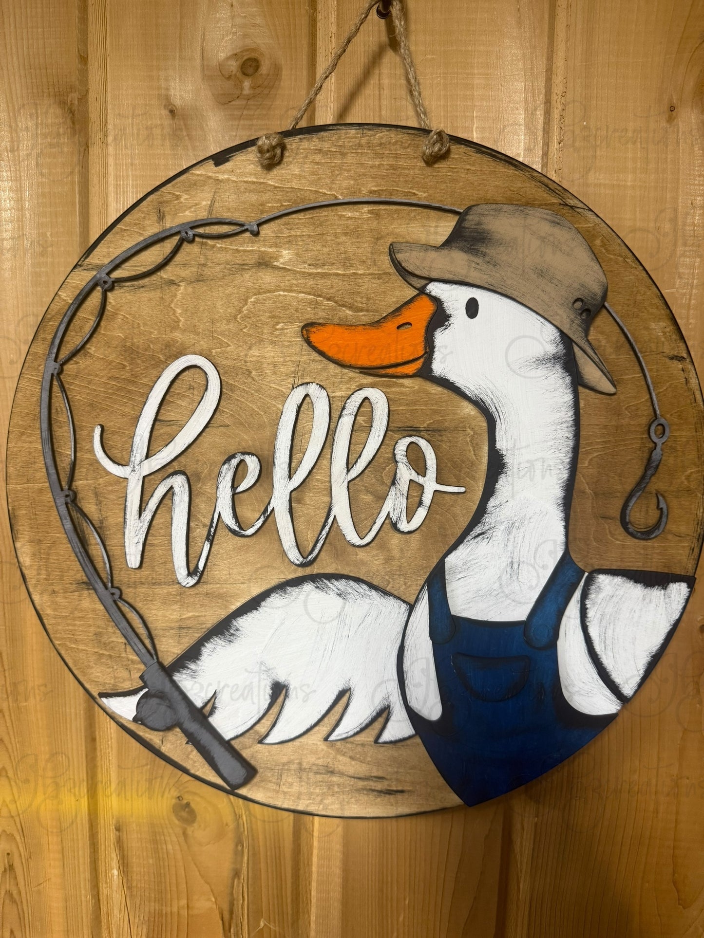 Goose Fisherman Hello Welcome Door Hanger Door Welcome Round Sign