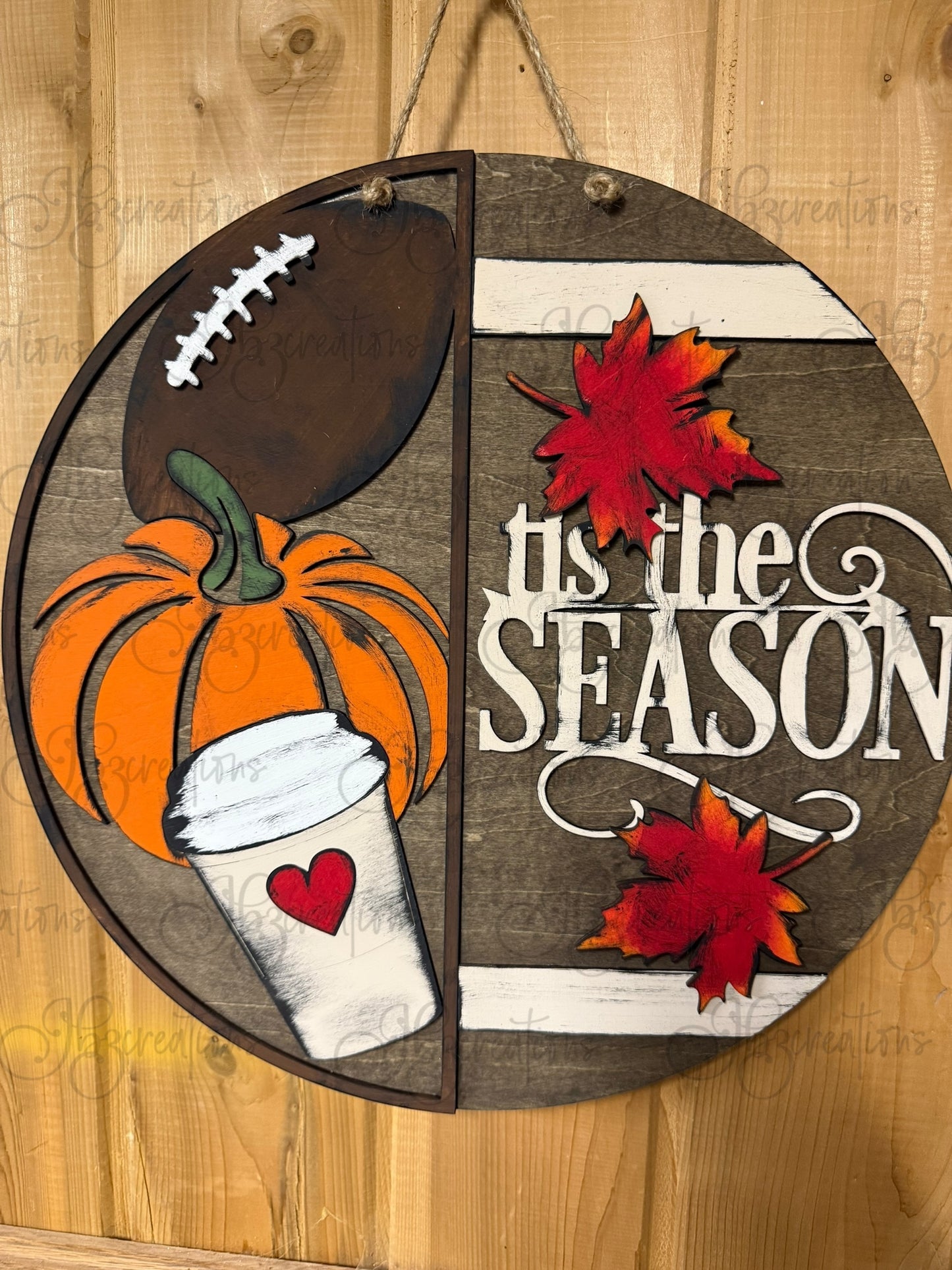 Autumn Tis the Season Football, Pumpkin and Latte Cup with a Heart Round Door Hanger Welcome Sign