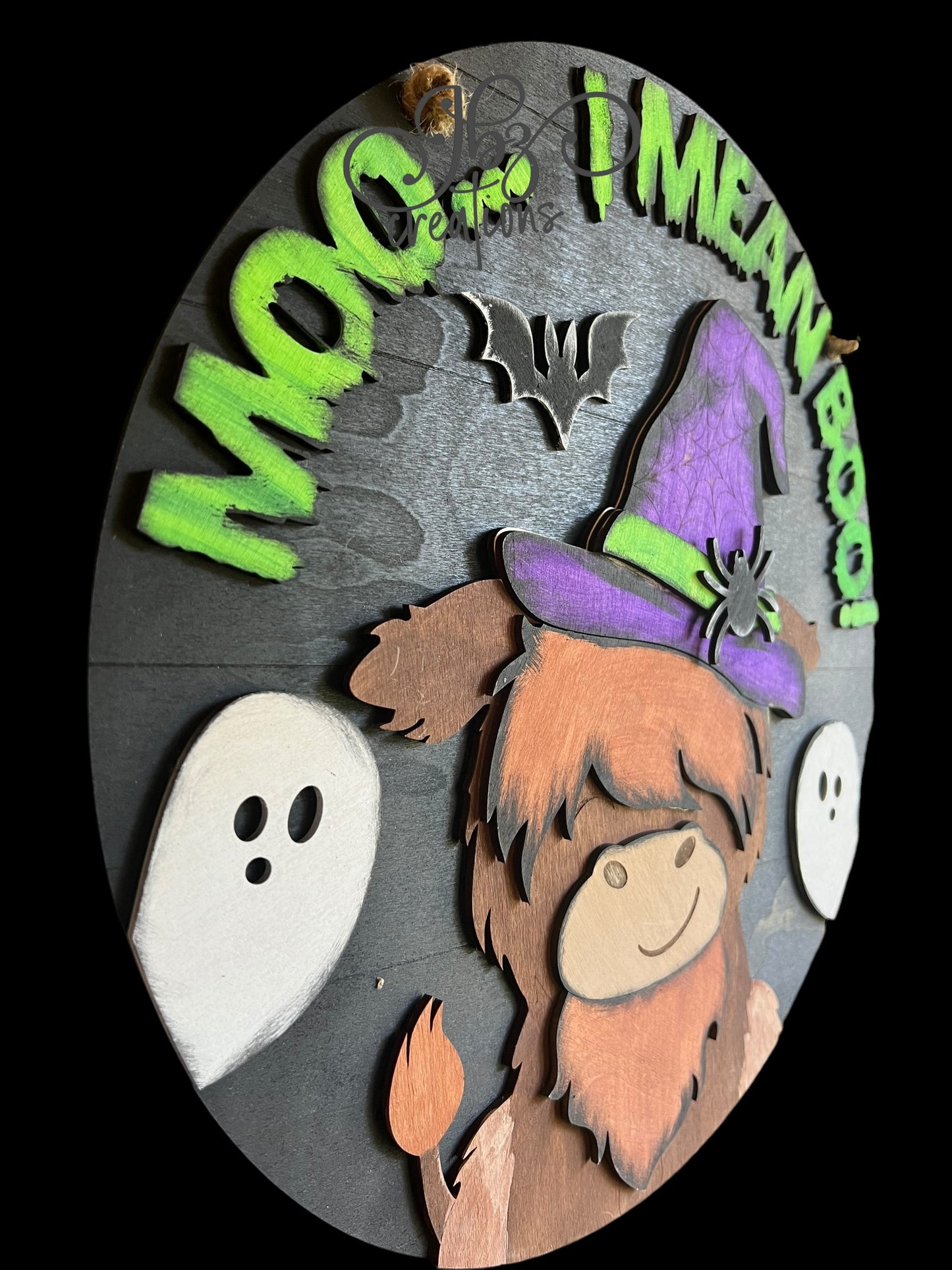 Moo...I Mean Boo! Highland Cow Halloween Round Door Hanger Welcome Sign