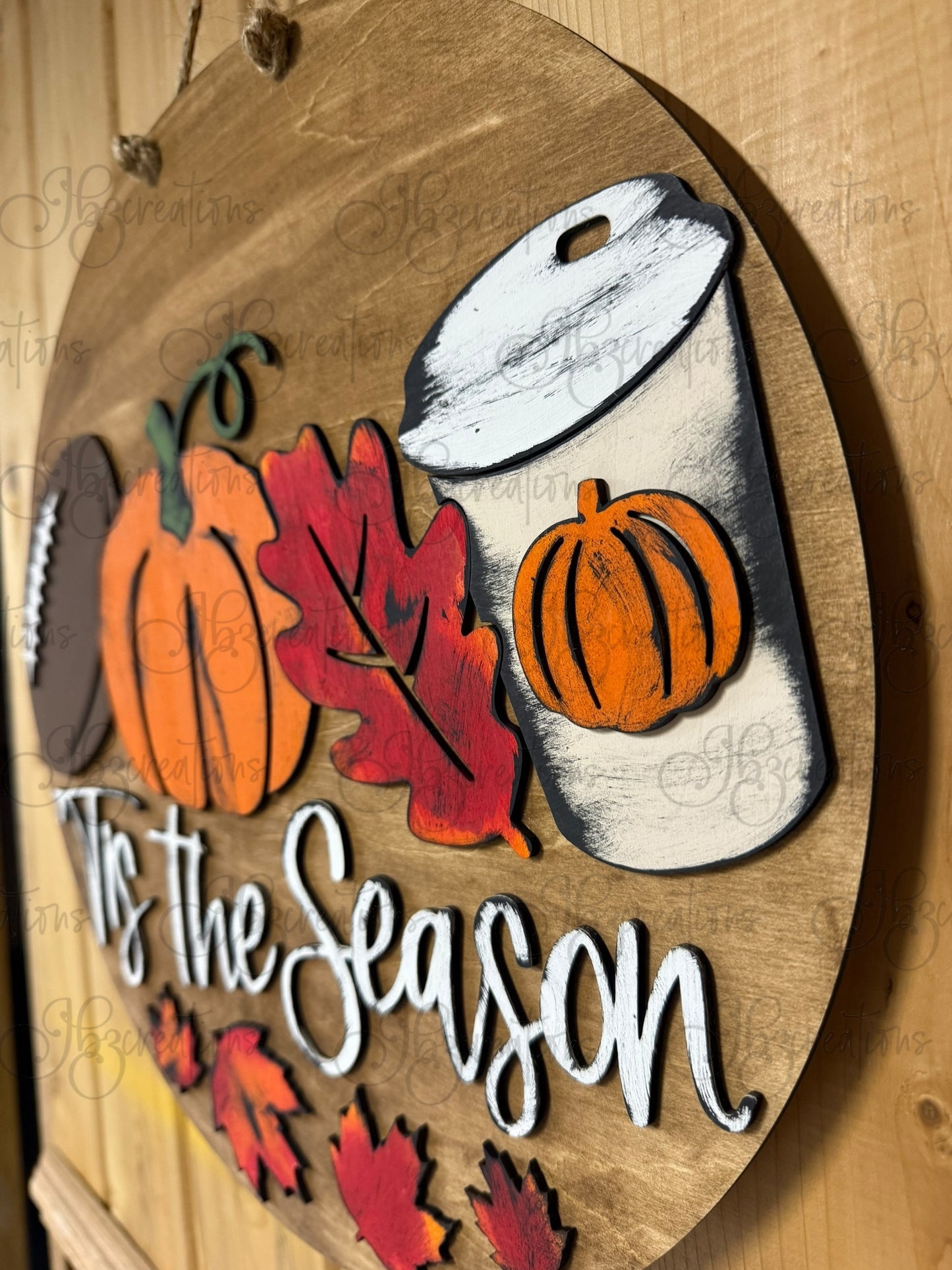 Autumn Tis the Season Football, Pumpkin and Latte Cup with a Pumpkin Round Door Hanger Welcome Sign