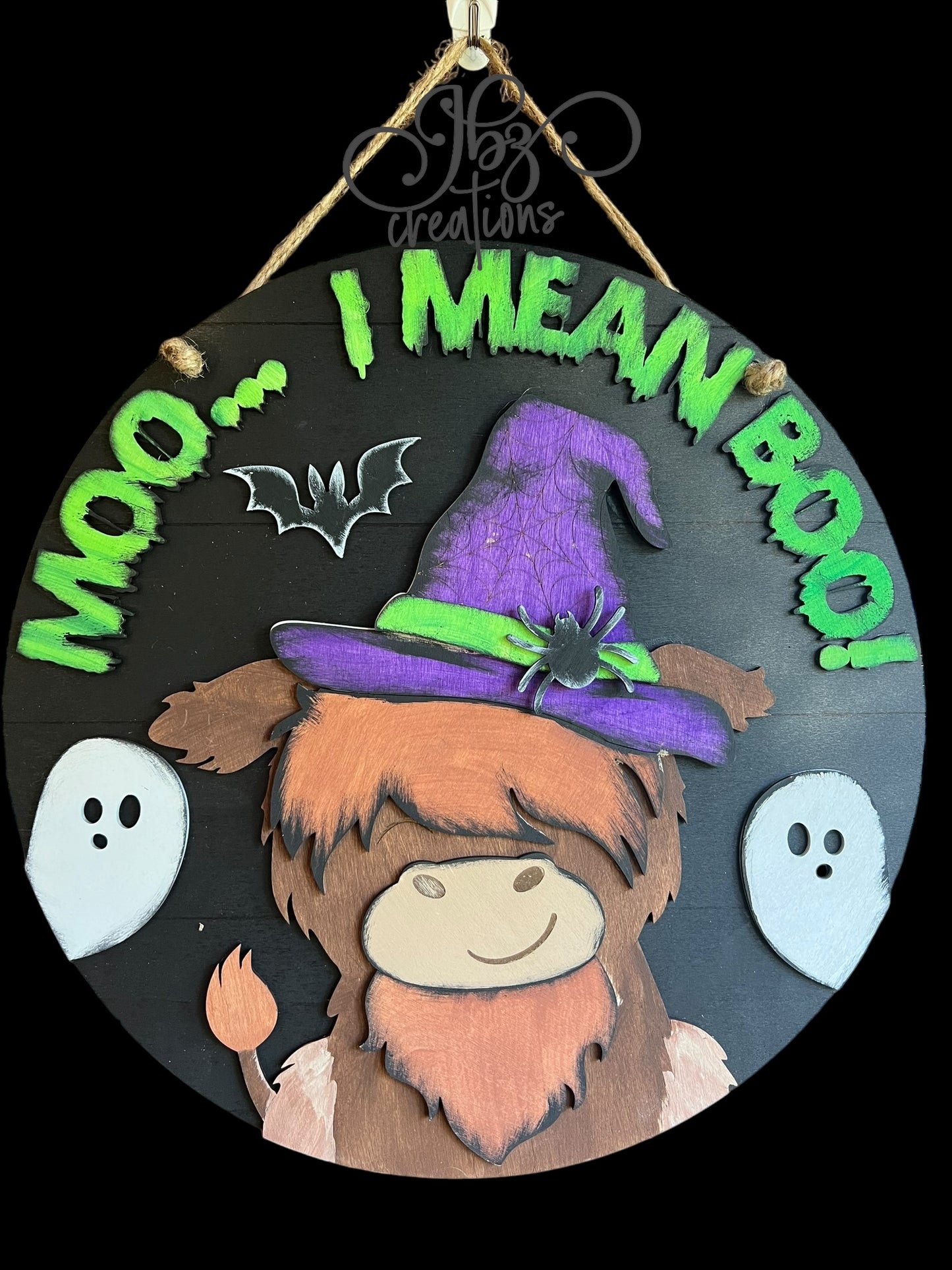 Moo...I Mean Boo! Highland Cow Halloween Round Door Hanger Welcome Sign