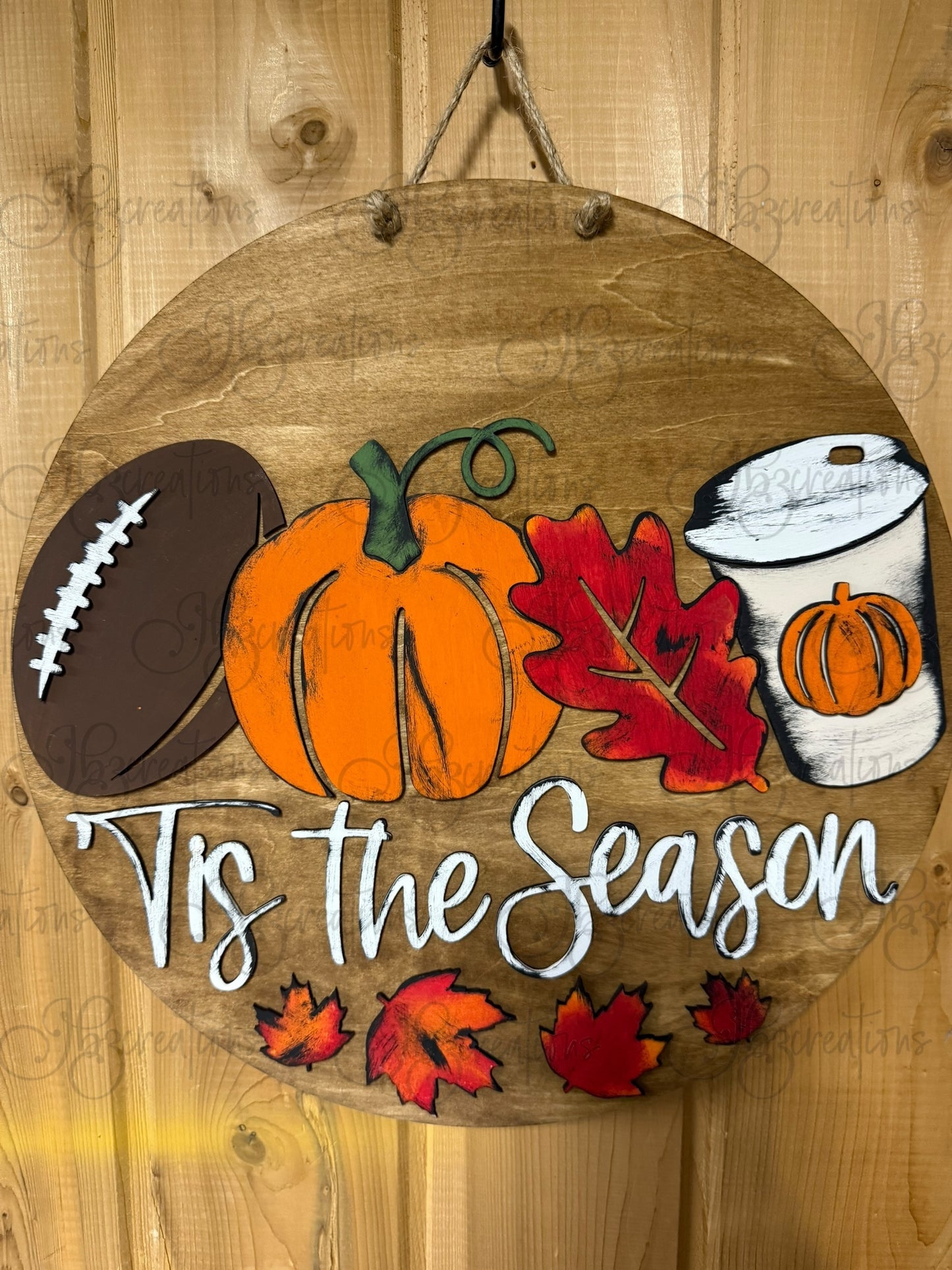 Autumn Tis the Season Football, Pumpkin and Latte Cup with a Pumpkin Round Door Hanger Welcome Sign