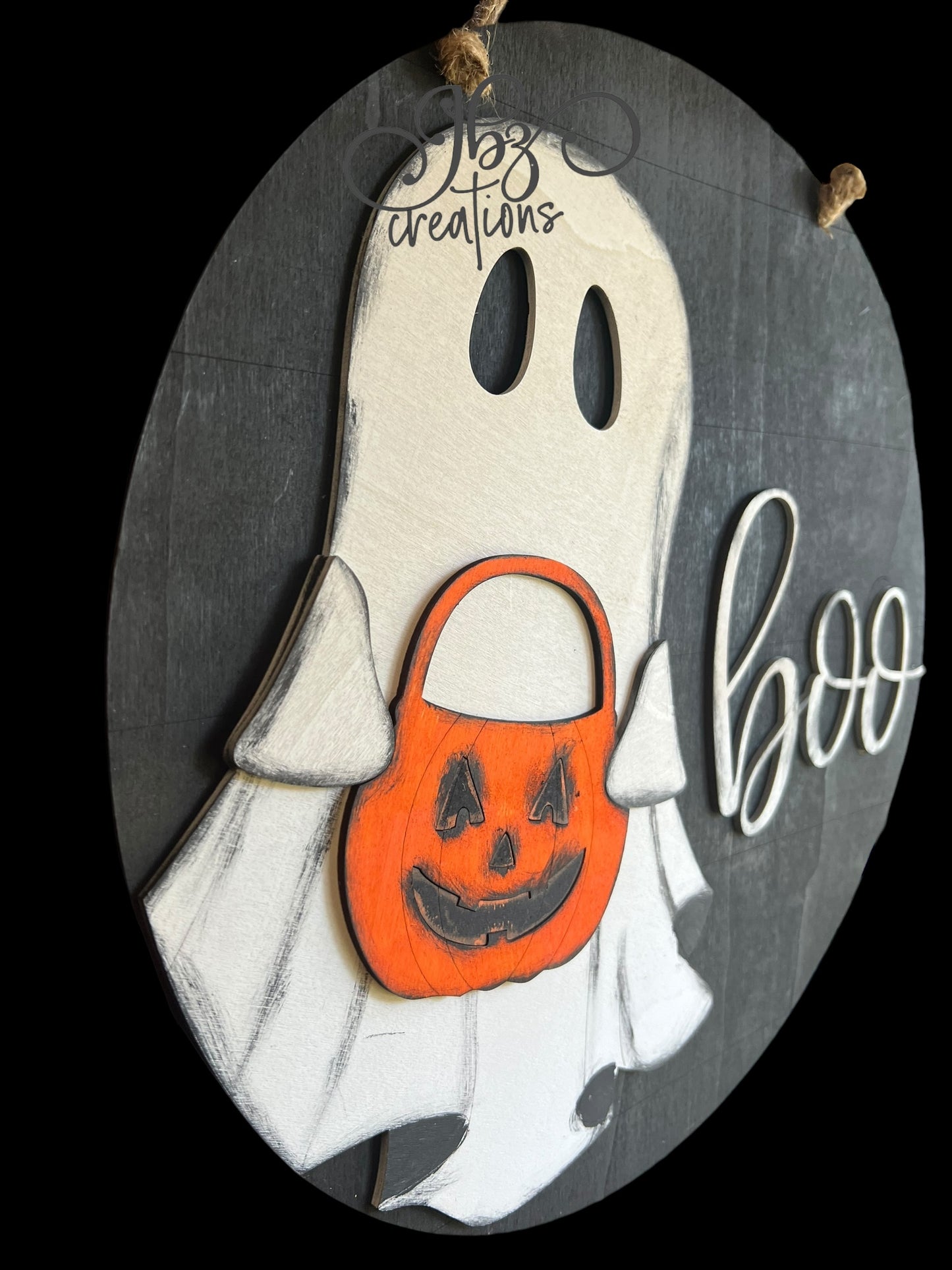 Boo! Ghost and Jack-O-Lantern Halloween Round Door Hanger Welcome Sign