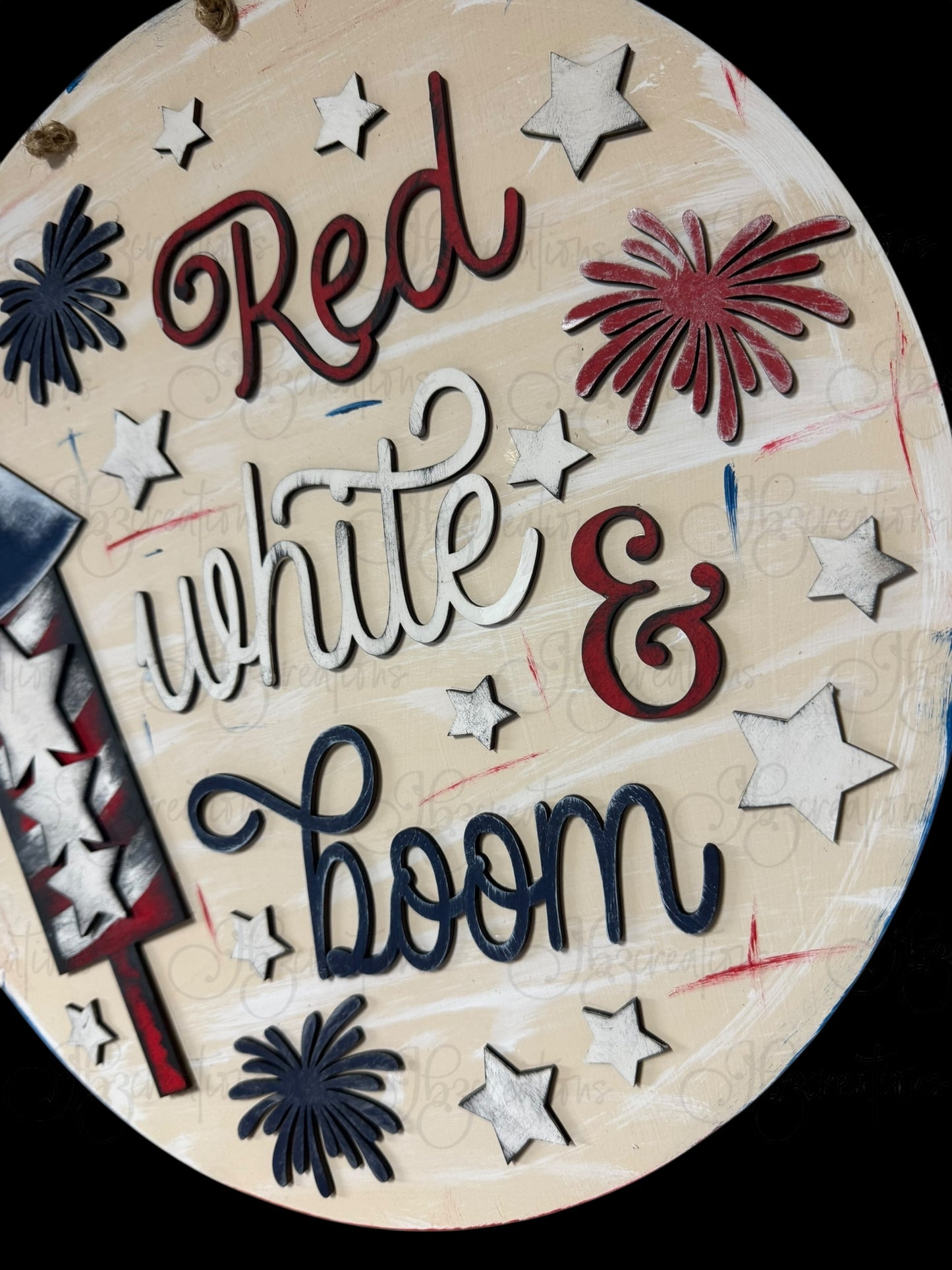 Red, White &  Boom Fourth of July Welcome Door Hanger Fireworks Independence Day Welcome Round Sign
