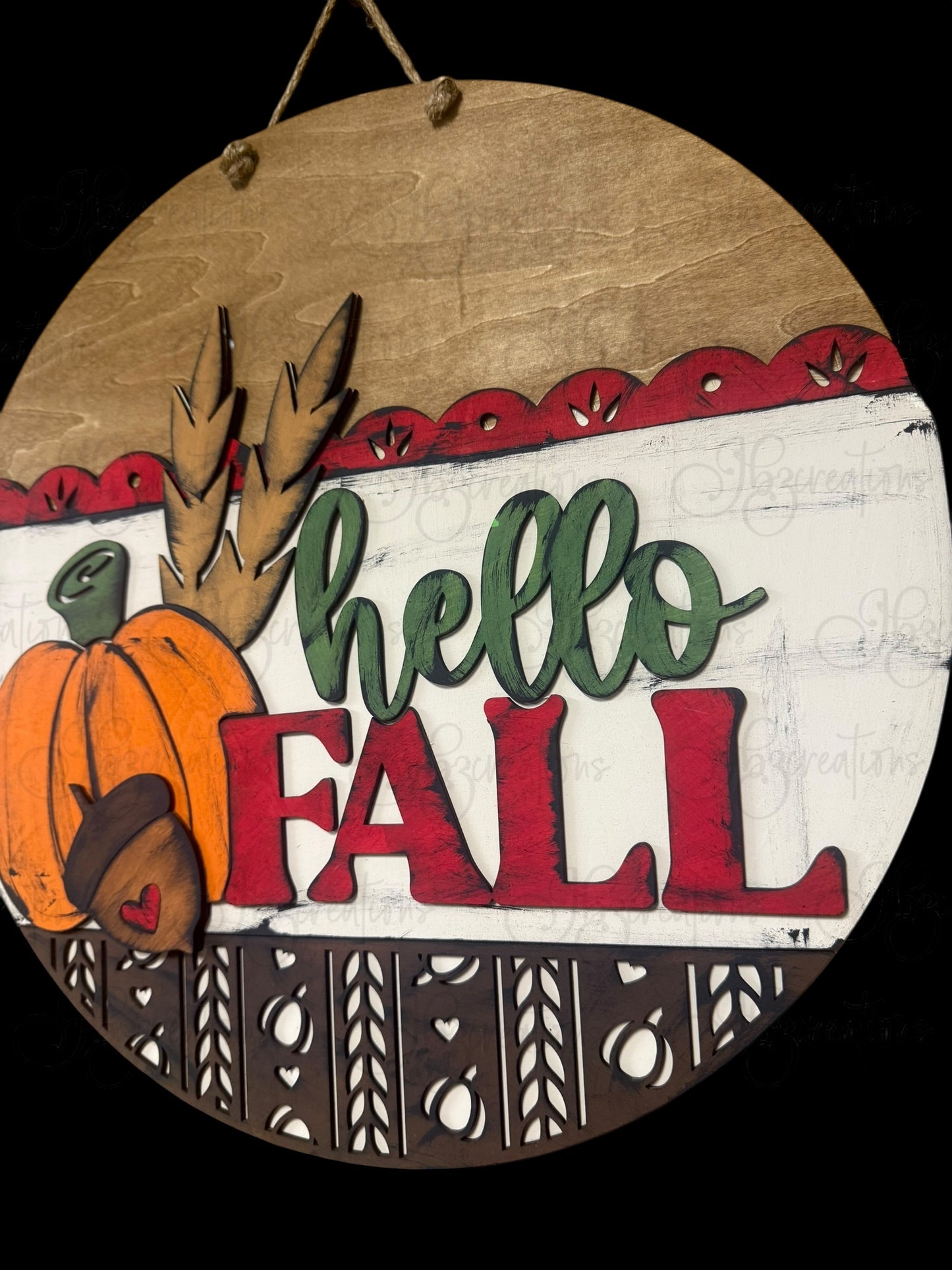 Hello Fall Pumpkin Acorn or Corn Stalk Round Door Hanger Welcome Sign