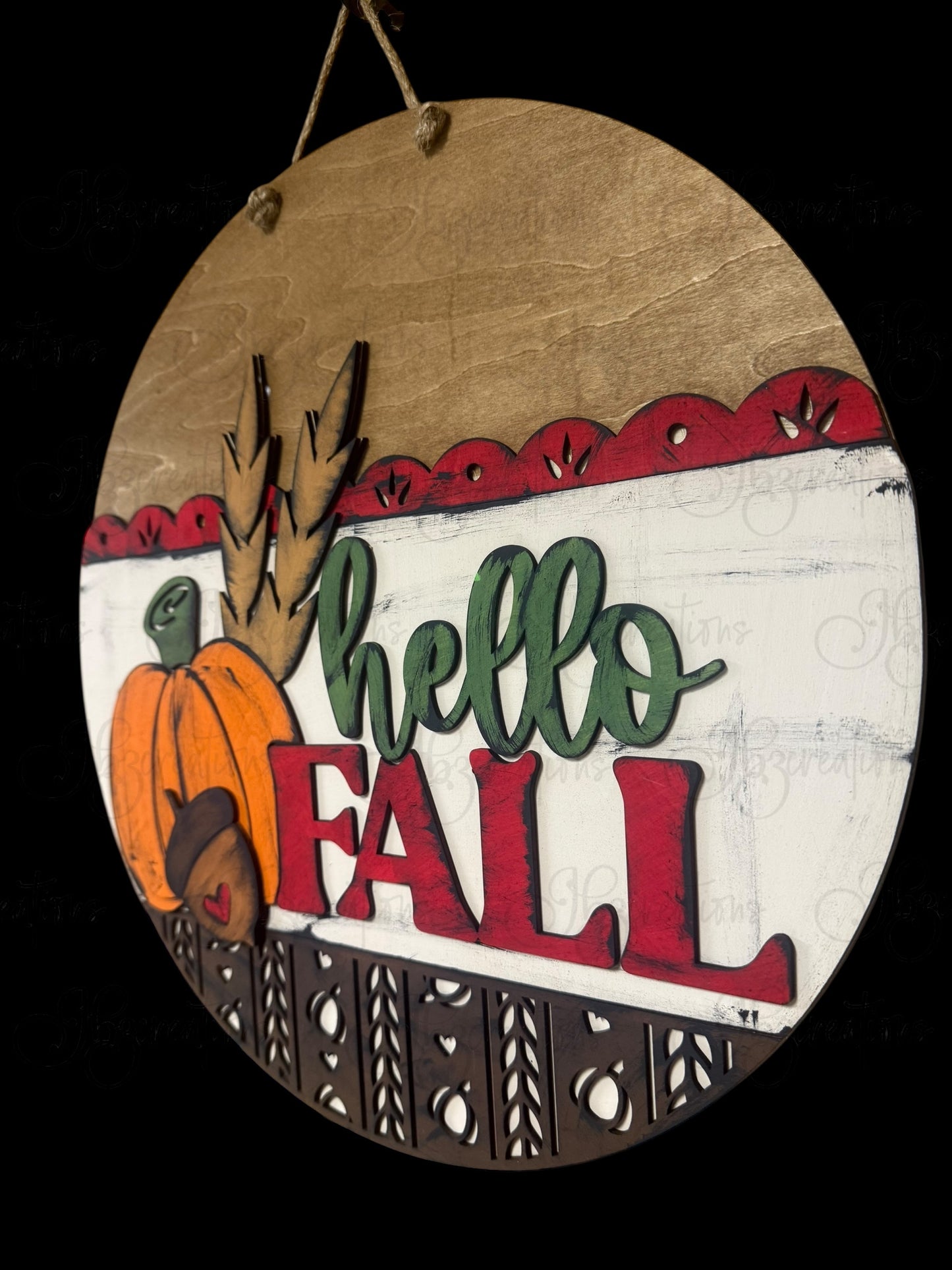 Hello Fall Pumpkin Acorn or Corn Stalk Round Door Hanger Welcome Sign
