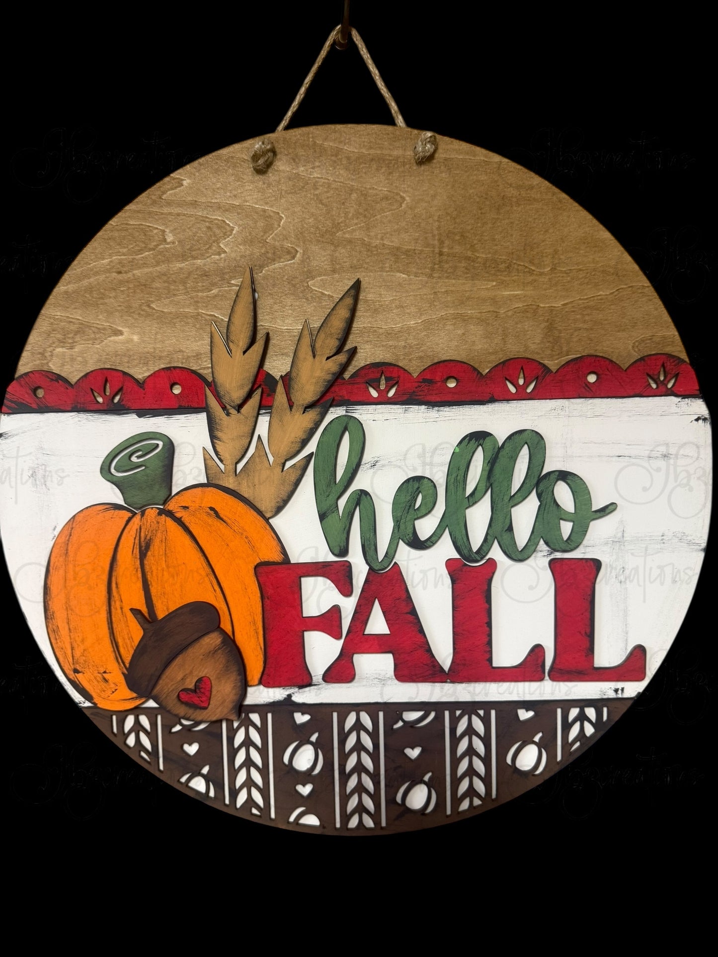 Hello Fall Pumpkin Acorn or Corn Stalk Round Door Hanger Welcome Sign