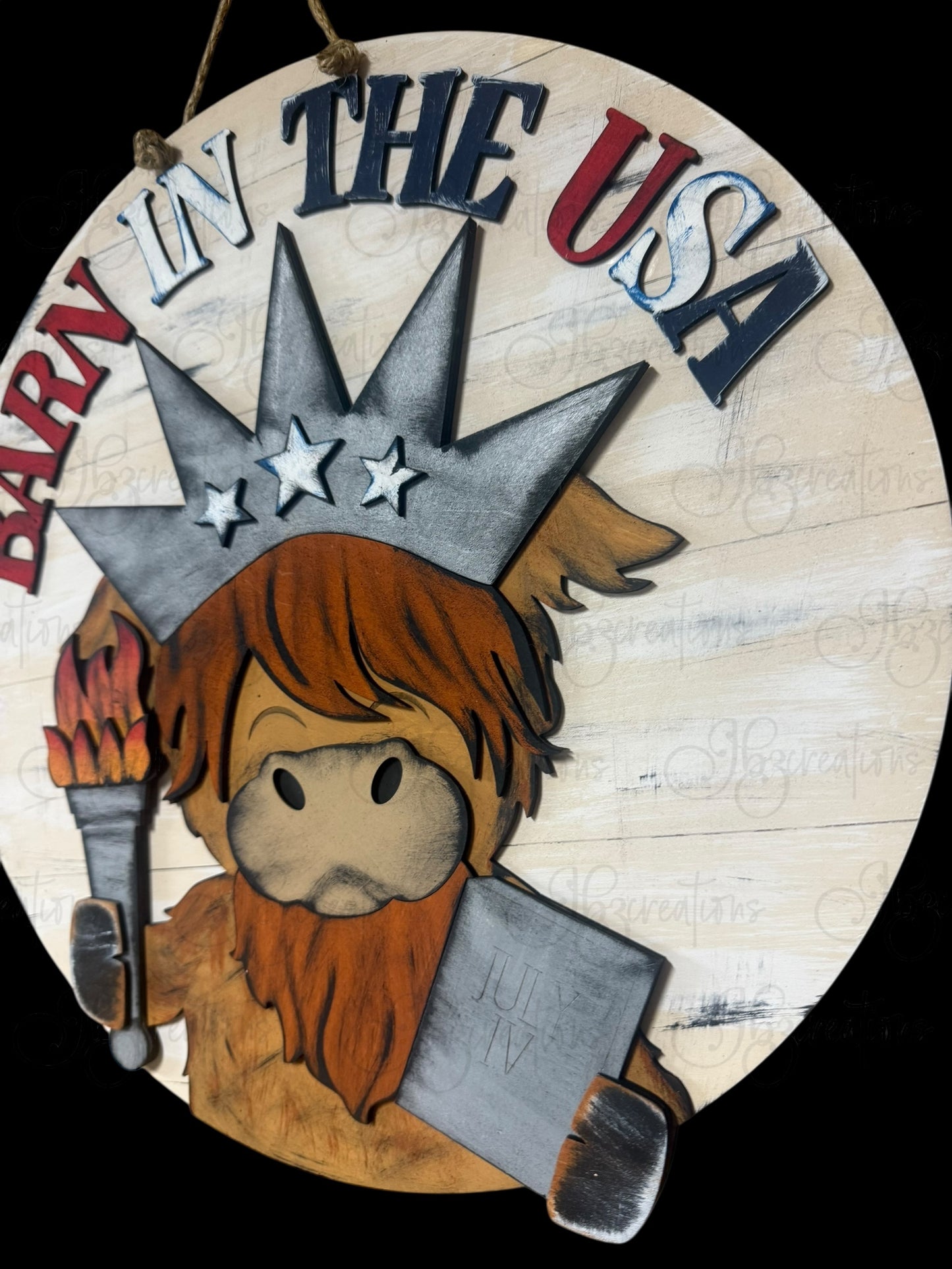Barn in the USA Highland Cow Patriotic 4th of July Round Door Hanger Welcome Sign