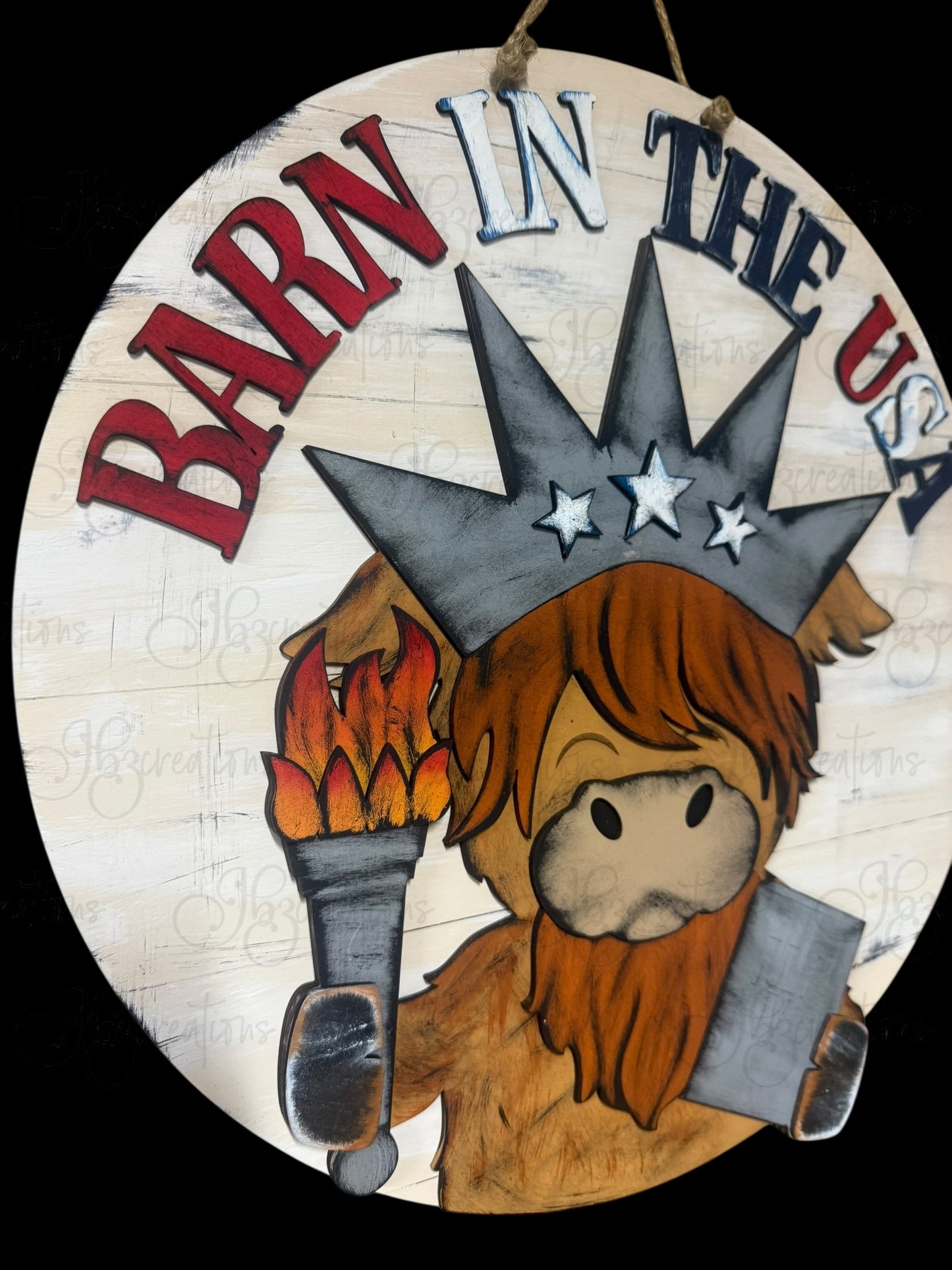 Barn in the USA Highland Cow Patriotic 4th of July Round Door Hanger Welcome Sign