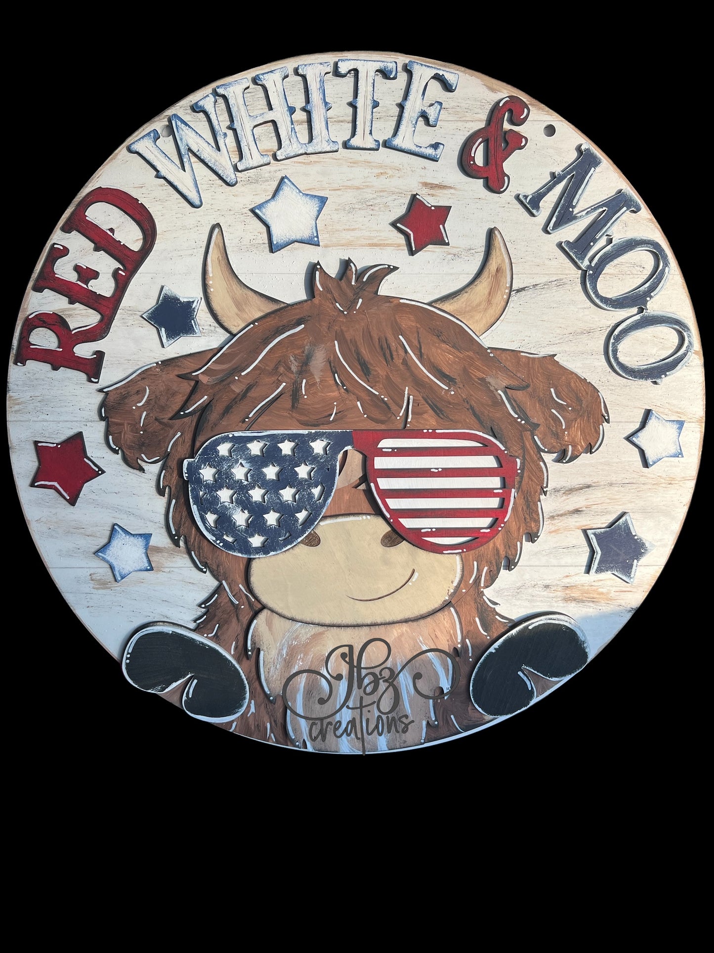 Red White & Moo Highland Cow Patriotic 4th of July Round Door Hanger Welcome Sign