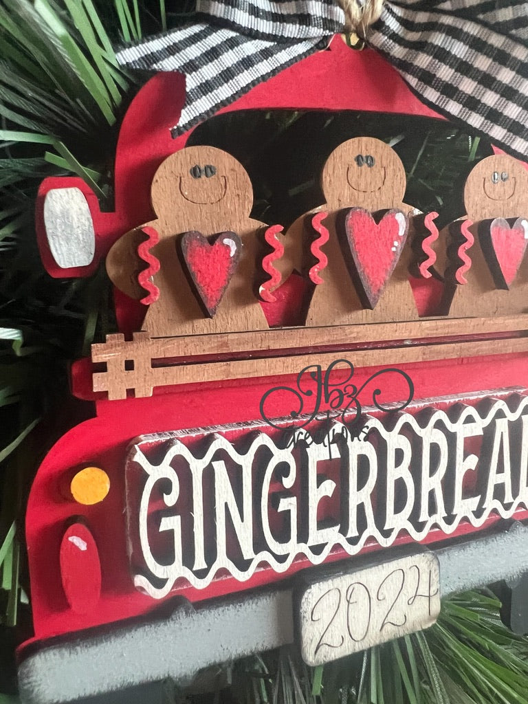 Gingerbread Men Retro Truck Christmas Tree Ornament