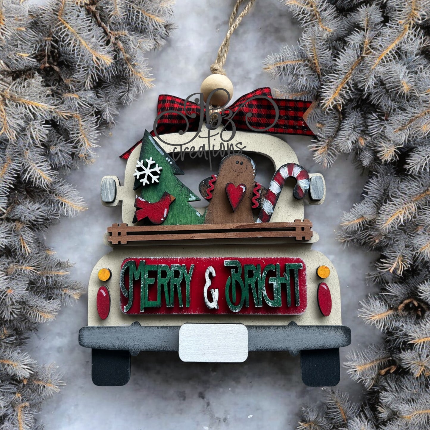 Merry & Bright Gingerbread Man Tree Candy Cane Retro Truck Christmas Tree Ornament