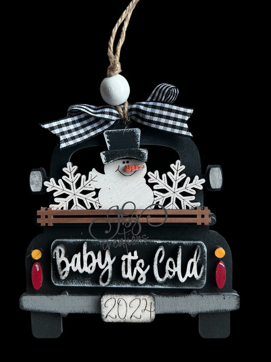 Baby’s It’s Cold Snowman Snowflake Retro Truck Christmas Tree Ornament