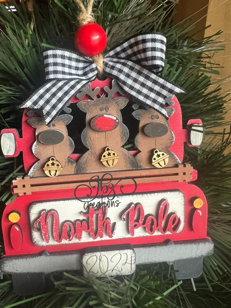 North Pole Rudolph and Reindeer Retro Truck Christmas Tree Ornament