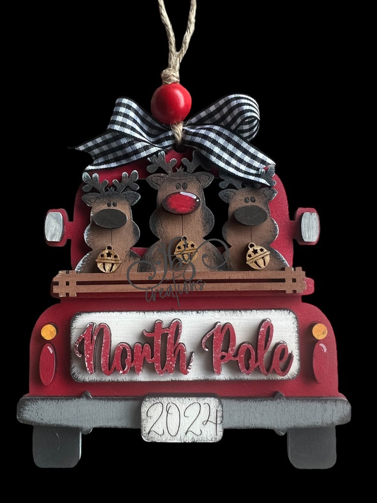 North Pole Rudolph and Reindeer Retro Truck Christmas Tree Ornament