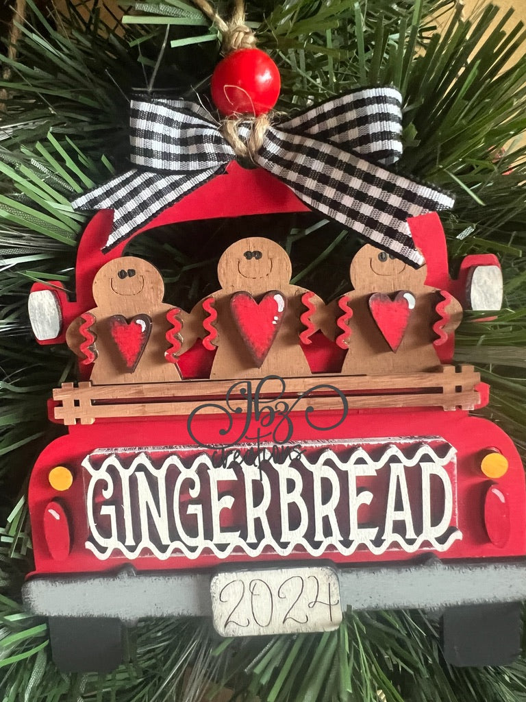 Gingerbread Men Retro Truck Christmas Tree Ornament