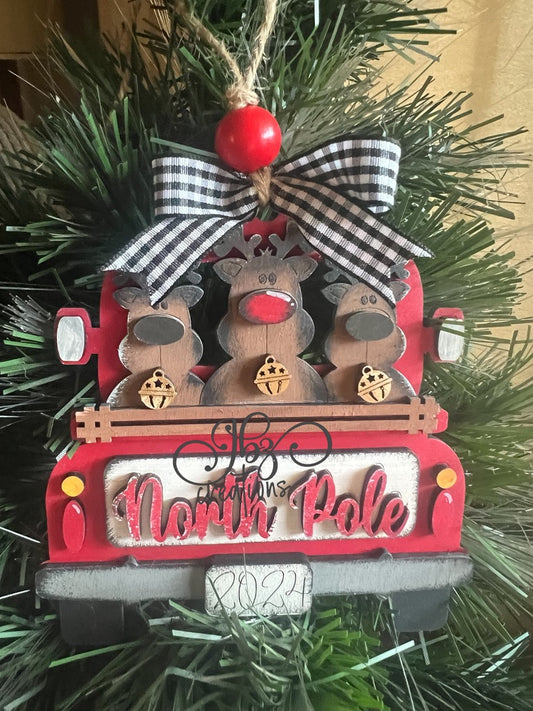 North Pole Rudolph and Reindeer Retro Truck Christmas Tree Ornament