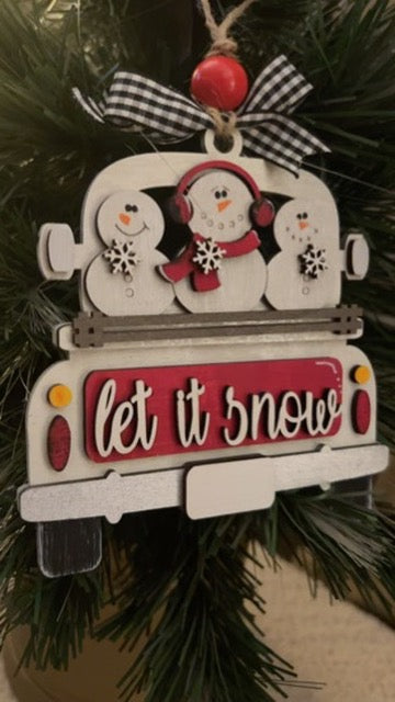 Let it Snow Snowman Retro Truck Christmas Tree Ornament