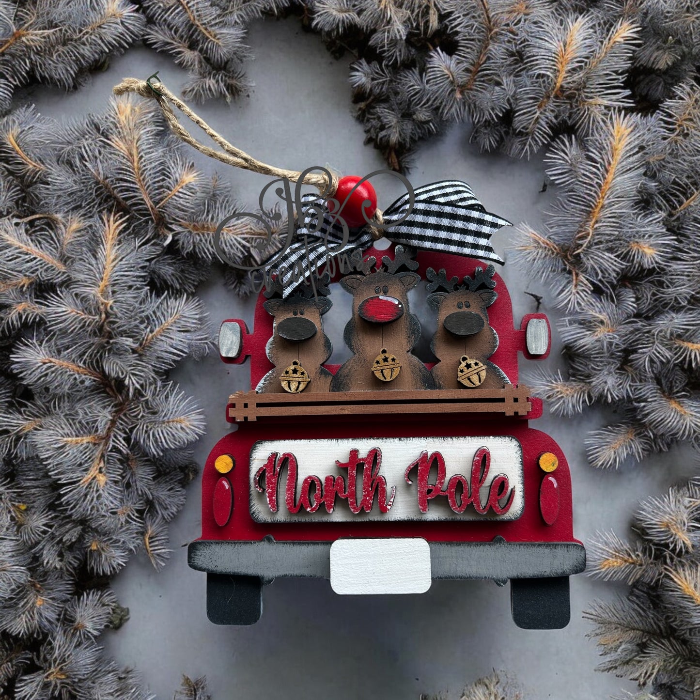 North Pole Rudolph and Reindeer Retro Truck Christmas Tree Ornament