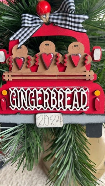 Gingerbread Men Retro Truck Christmas Tree Ornament