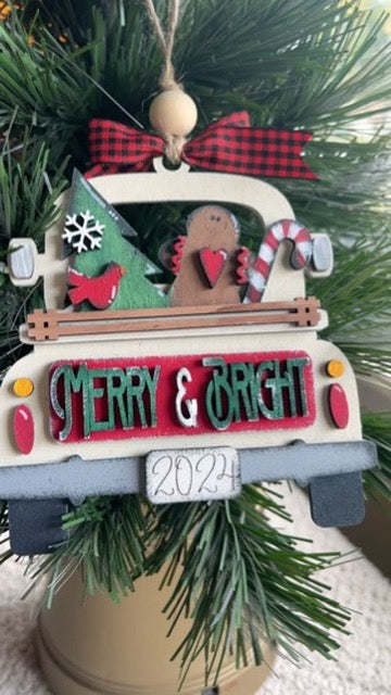 Merry & Bright Gingerbread Man Tree Candy Cane Retro Truck Christmas Tree Ornament