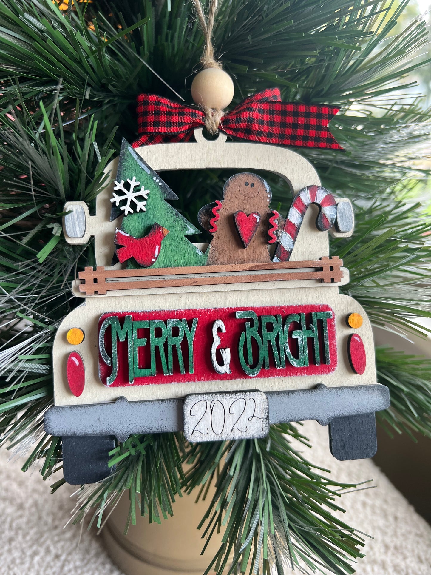 Merry & Bright Gingerbread Man Tree Candy Cane Retro Truck Christmas Tree Ornament