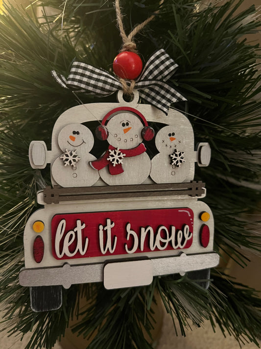 Let it Snow Snowman Retro Truck Christmas Tree Ornament