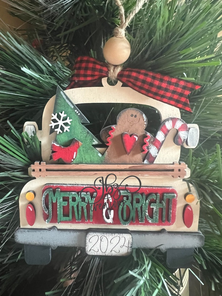 Merry & Bright Gingerbread Man Tree Candy Cane Retro Truck Christmas Tree Ornament