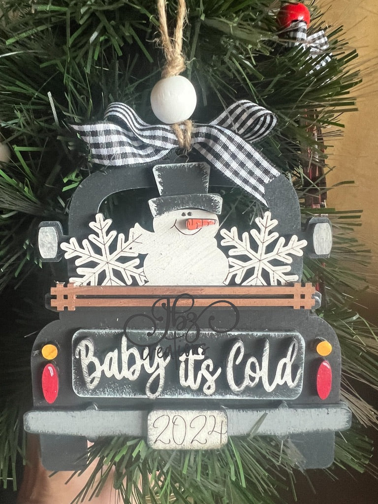 Baby’s It’s Cold Snowman Snowflake Retro Truck Christmas Tree Ornament