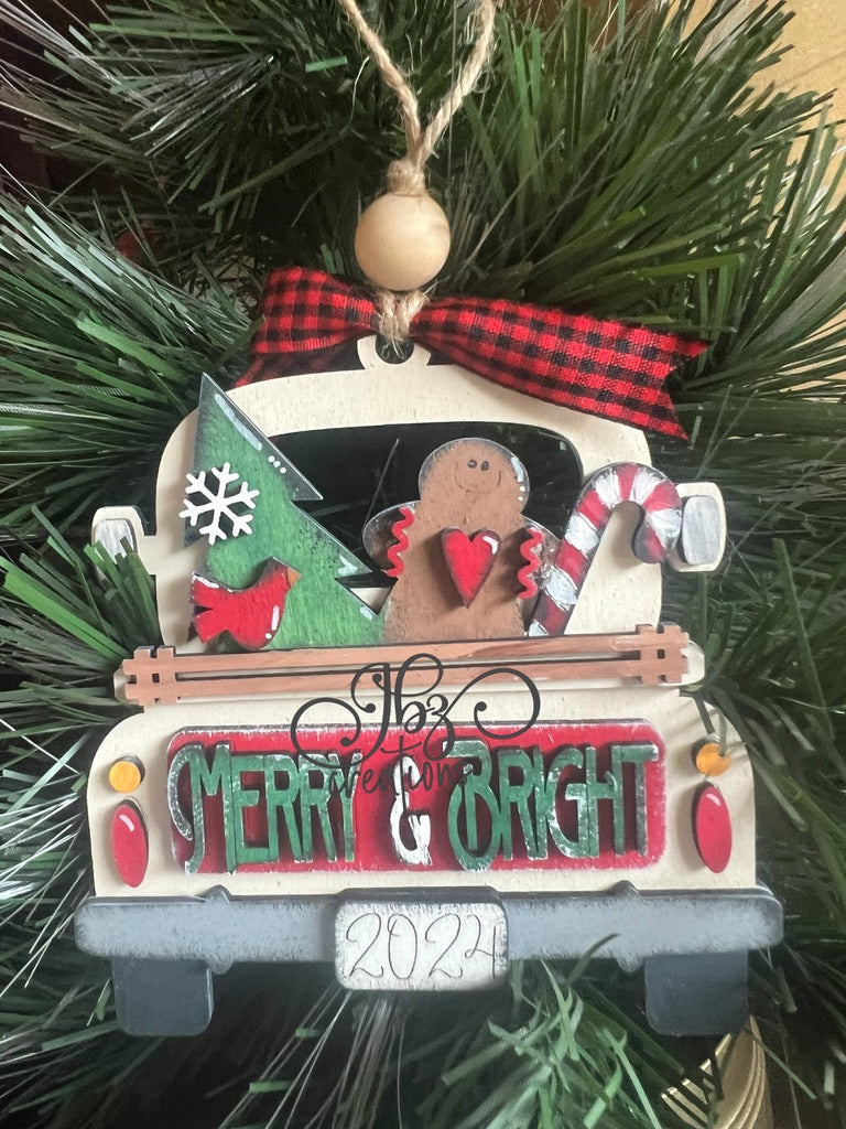 Merry & Bright Gingerbread Man Tree Candy Cane Retro Truck Christmas Tree Ornament