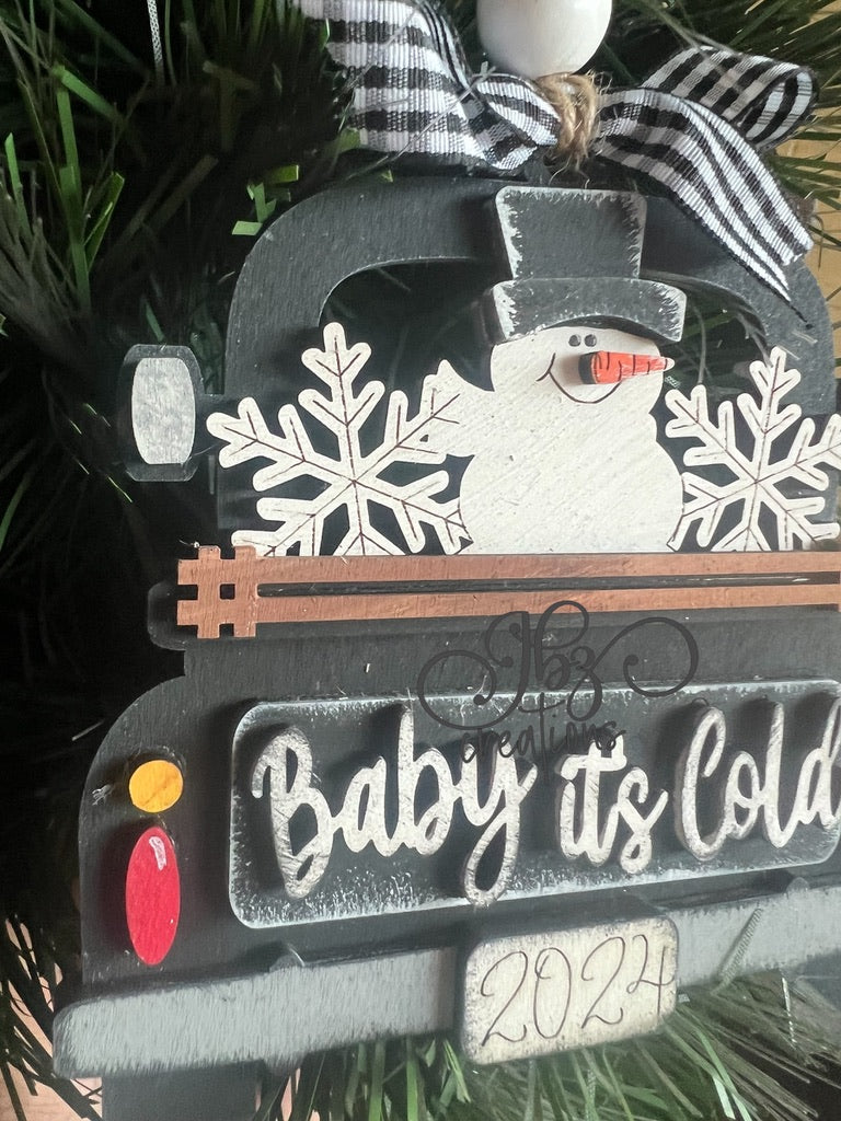 Baby’s It’s Cold Snowman Snowflake Retro Truck Christmas Tree Ornament