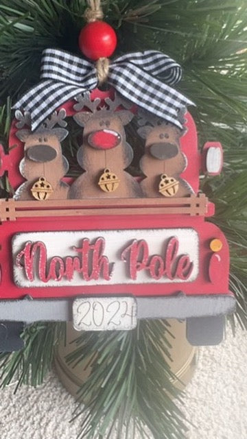 North Pole Rudolph and Reindeer Retro Truck Christmas Tree Ornament