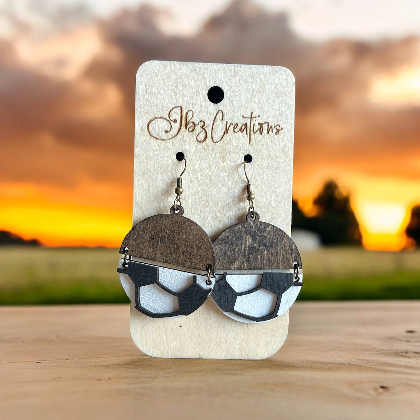 Wooden sport split round dangle earrings