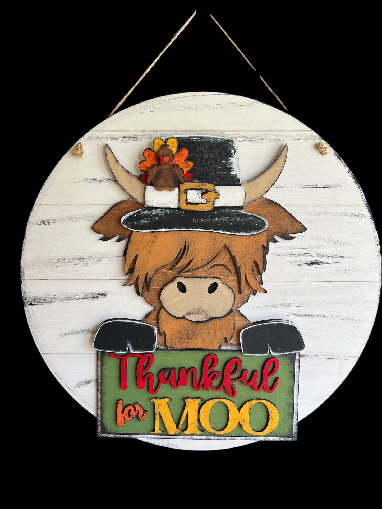 Thankful for Moo Highland Cow Thanksgiving Round Door Sign